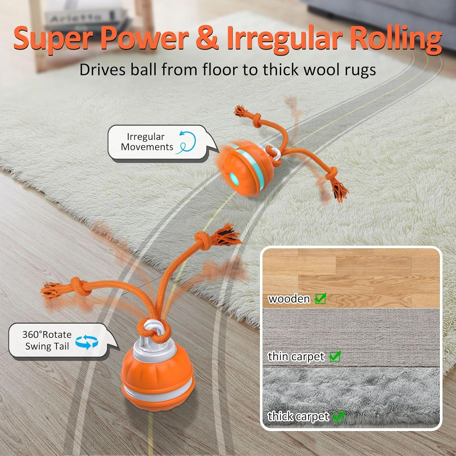 Touch Activated Dog Ball Toys, USB Rechargeable Squeaky Interactive Rolling Dog Toy Balls, Automatic Moving Wicked Ball with Fun Rope for Medium Small Dogs Puppy Pets - Orange image number 4