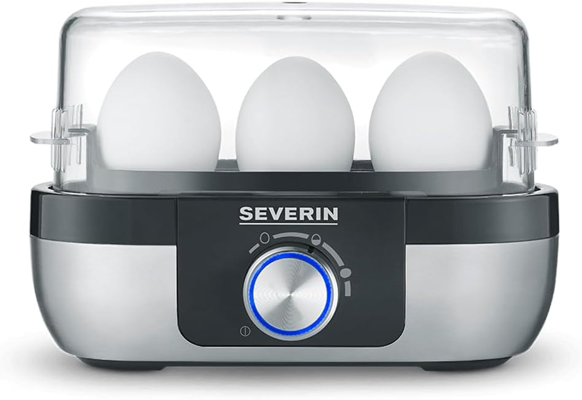 SEVERIN EK 3163 Egg Cooker for 3 Eggs with Electronic Cooking Time Monitoring Including Measuring Cup with Egg Cutter Egg Cooker for Ideal Hardness Level Brushed Stainless Steel/Black 300 W image number 3