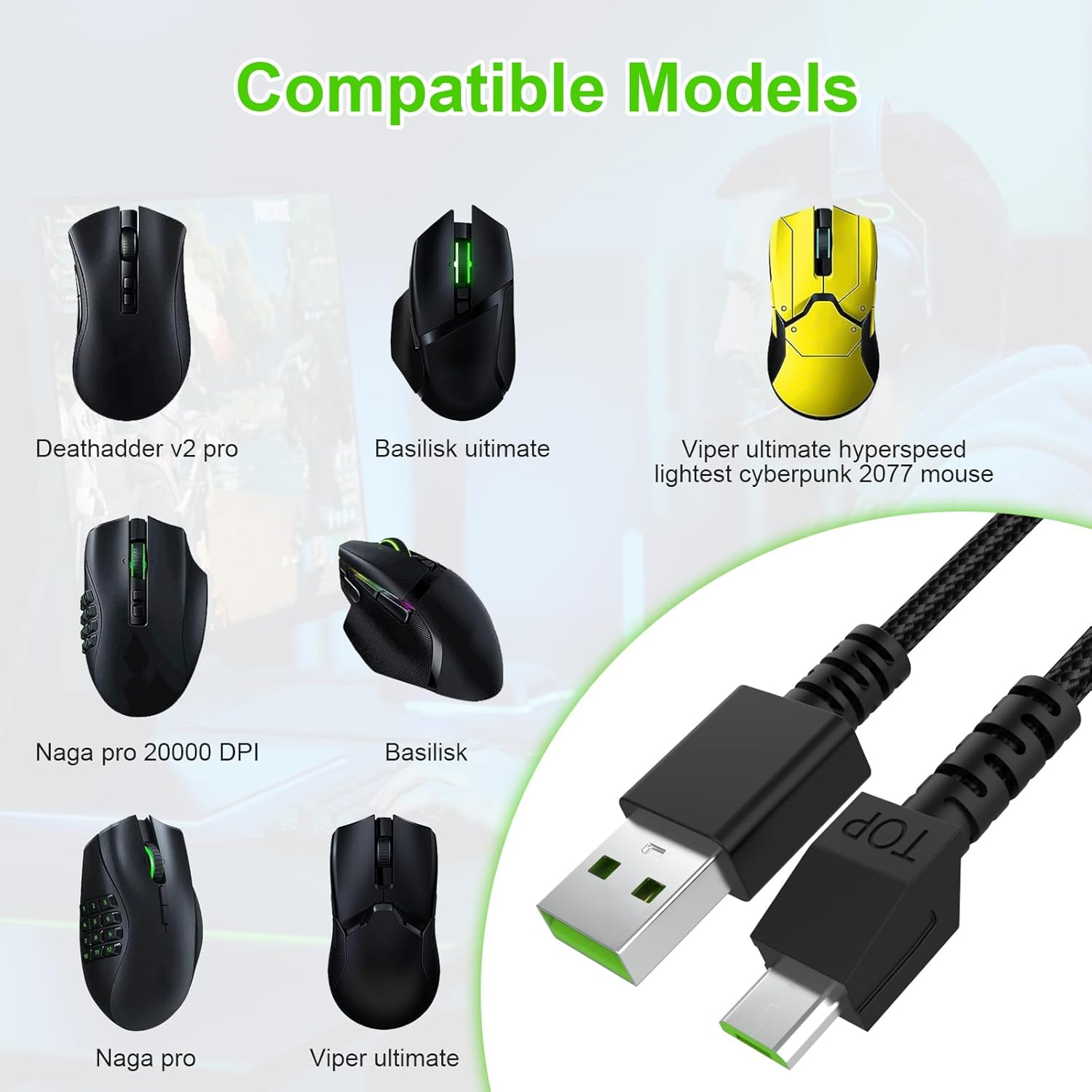 Toxaoii Mouse Charging Cable for Razer Naga Pro 20000 DPI, Deathadder V2 Pro, Viper Ultimate, Basilisk Ultimate, Nylon Braided Micro Charger Cable, Wireless Gaming Mouse Charging Cord Black 5.9 FT image number 6