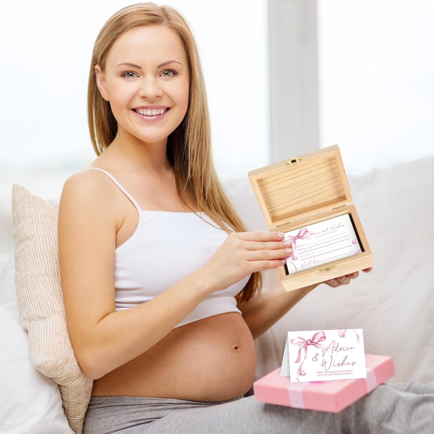 50Pcs Baby Shower Advice Cards Double-Sided Pink Bow Advice and Wish Cards with Wood Box for New Parents Baby Shower Gender Reveal Supplies image number 6