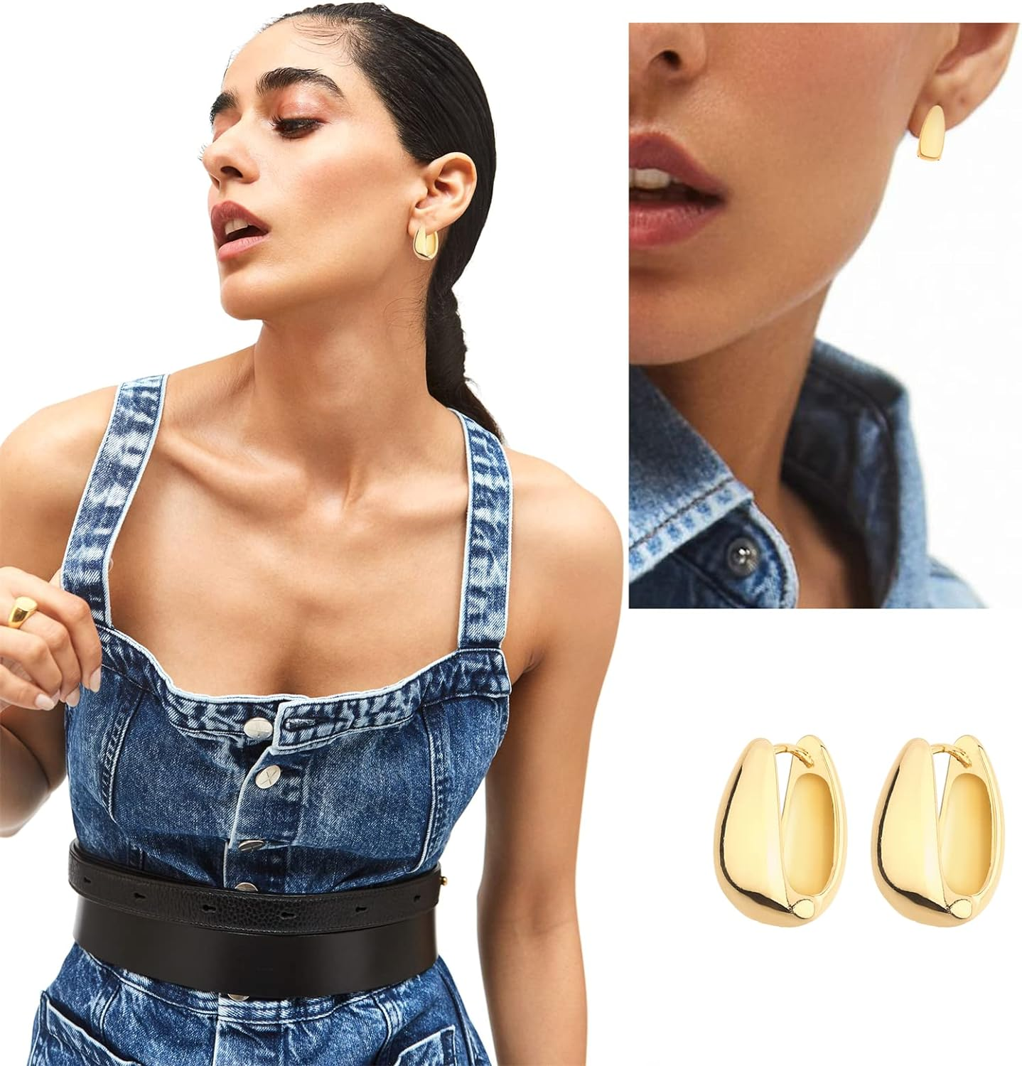 Wgoud Chunky Hoop Earrings Set 14K Gold Hoop Earrings for Women Hypoallergenic, Thick Hoops Earring Set, Twist Huggie Hoop Earring - 6 Gold Chunky Hoops image number 5