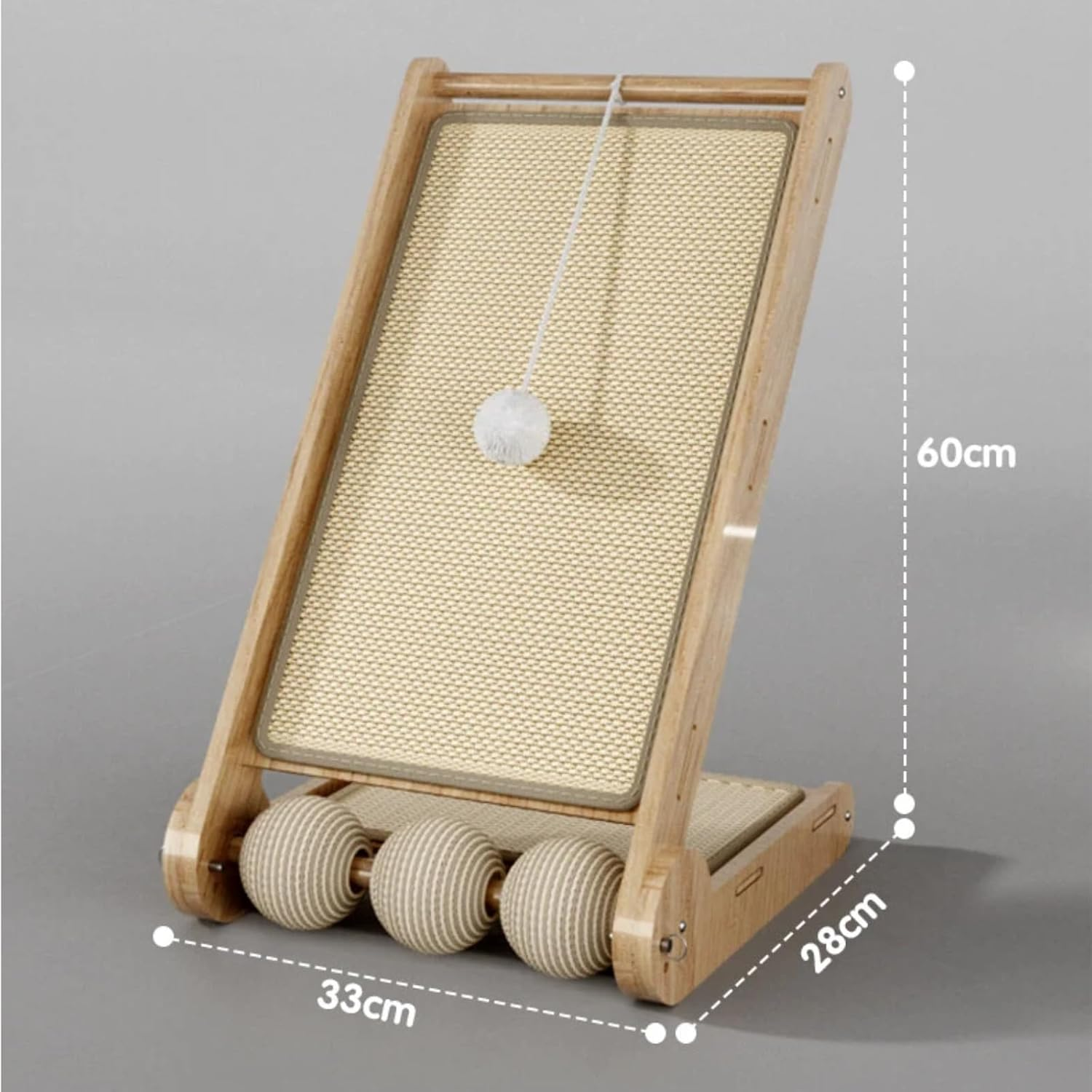 Larger Cat Scratching Board, L-Shaped Wooden Cat Scratcher Ramp for Indoor Cats,Vertical Cat Scratching Post with Rotatable Sisal Balls,Teaser Wand & 2 Chirping Fabric Birds,Sturdy Furniture Protector