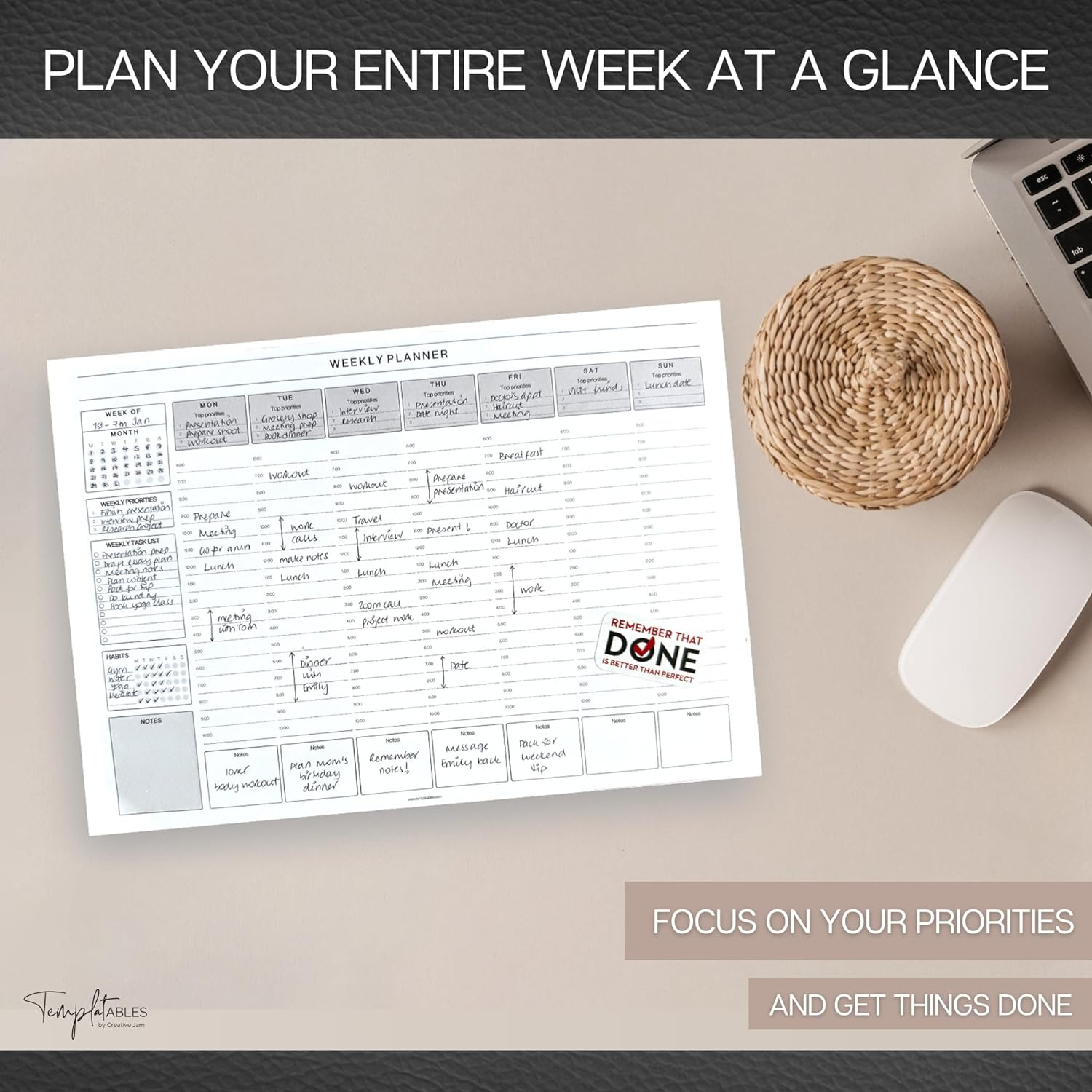 Weekly Hourly Planner Notepad, Daily Planner Desk Pad, Weekly Schedule, to Do List Note Pad, ADHD Planner | 50 Undated Tear Away Sheets A4 | Mono - Lux image number 2