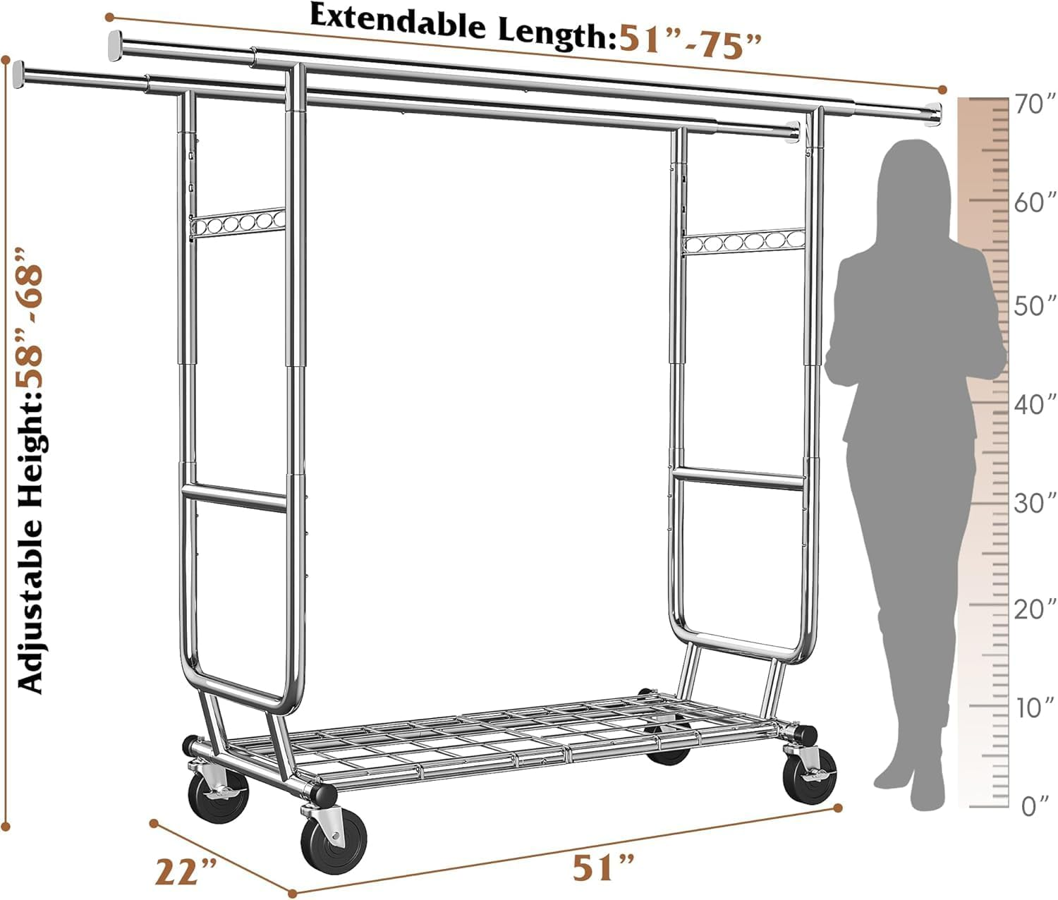 Yunking Clothes Rack,Clothing Rack 630 LBS Heavy Duty with Wheels Clothing Racks for Hanging Clothes Rolling Clothes Rack Adjustable & Commercial Garment Rack 22" D X 75" W X 68" H image number 3
