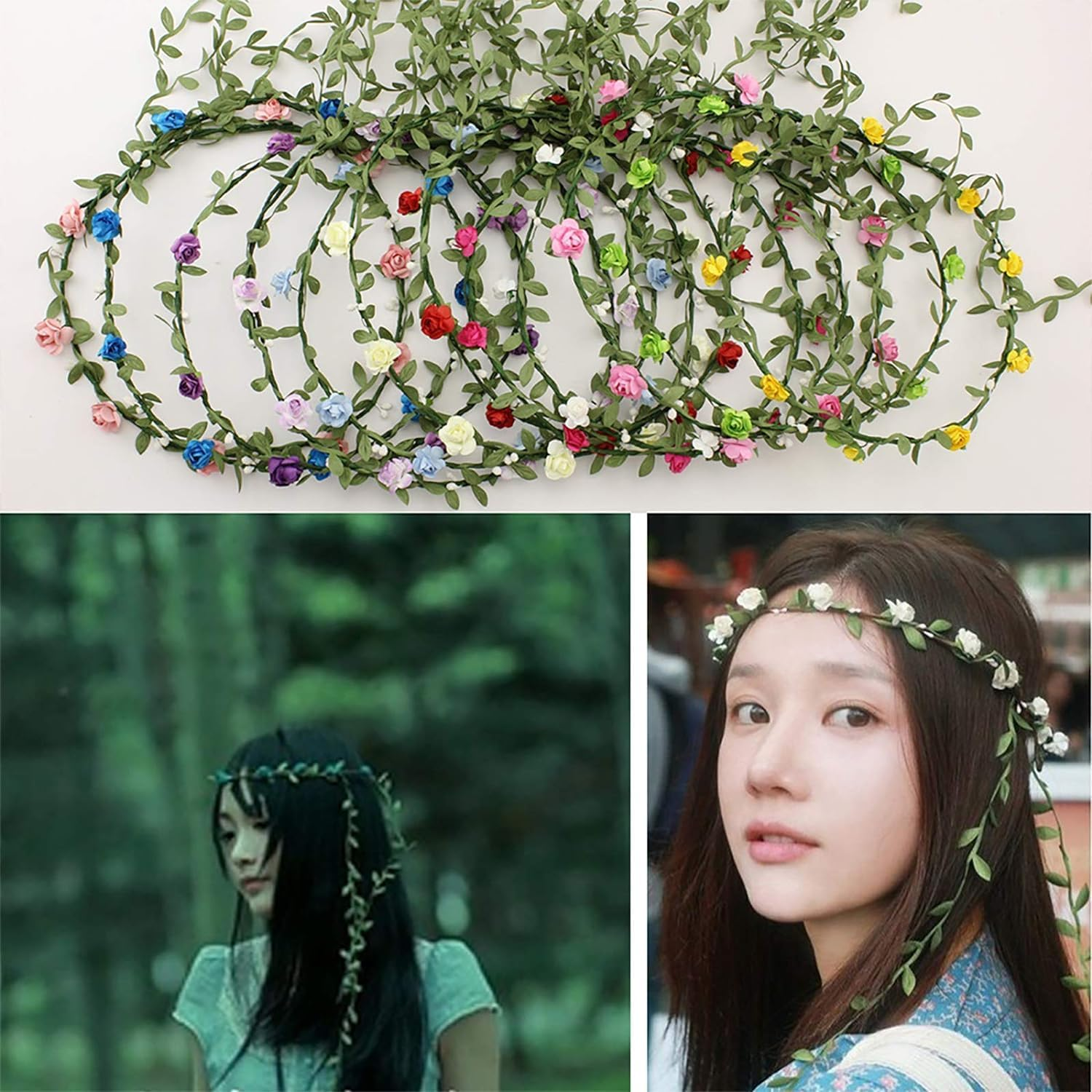 9 Pcs Flower Crown Headband,Hair Floral Wreath Garland Leaf Ribbon,Adjustable Multicolor Boho Halo Headpiece for Women Girls Wedding Festival Holiday Christmas Halloween Party,Seaside Vacation Photo image number 3