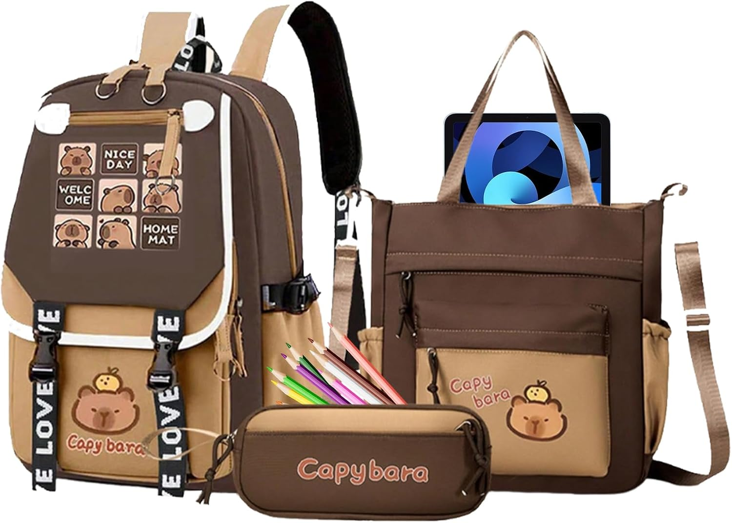 Gupcaqosjw Backpack for Girls,Cute Junior High School Capybara Bookbag - Stylish Children Bookbag with Messenger Bag and Pencil Case for Textbooks Water Cups Stationery Pen Tissue