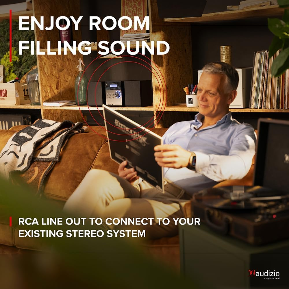 Audizio Turntable Briefcase Record Player | USB Retro Record Players for Vinyl with Speakers | 3 Speeds | Convert Retro Vinyl to Mp3 via USB | RCA Output/Aux 3.5Mm (Wood) image number 2