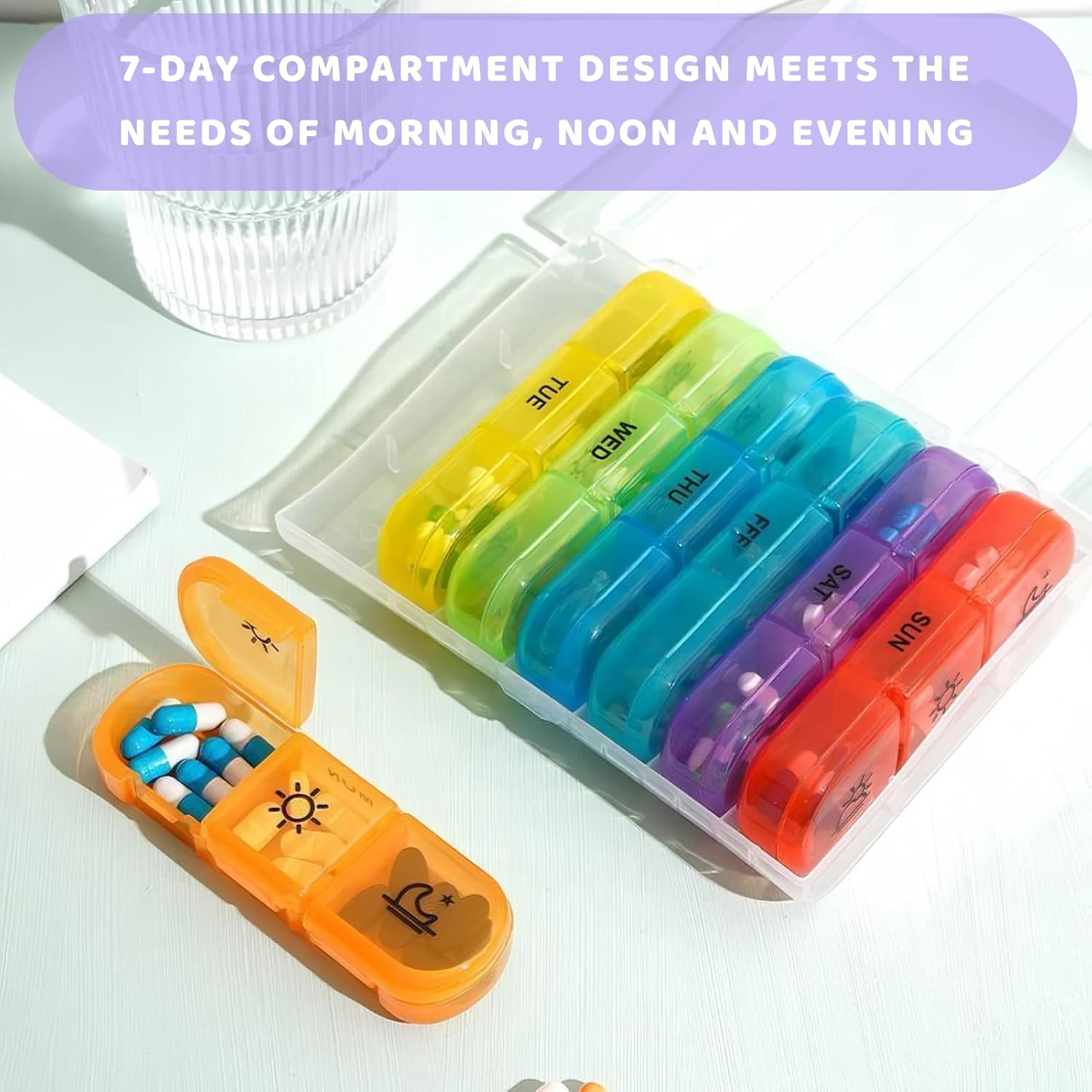 Weekly Pill Organizer 3 Times a Day, Large Capacity AM NOON PM Pill Box for 7 Days, Spill Proof with Double Lock, Used for Storing Drugs, Vitamins, Supplements, and Fish Oil Supplements(Clear Rainbow) image number 3
