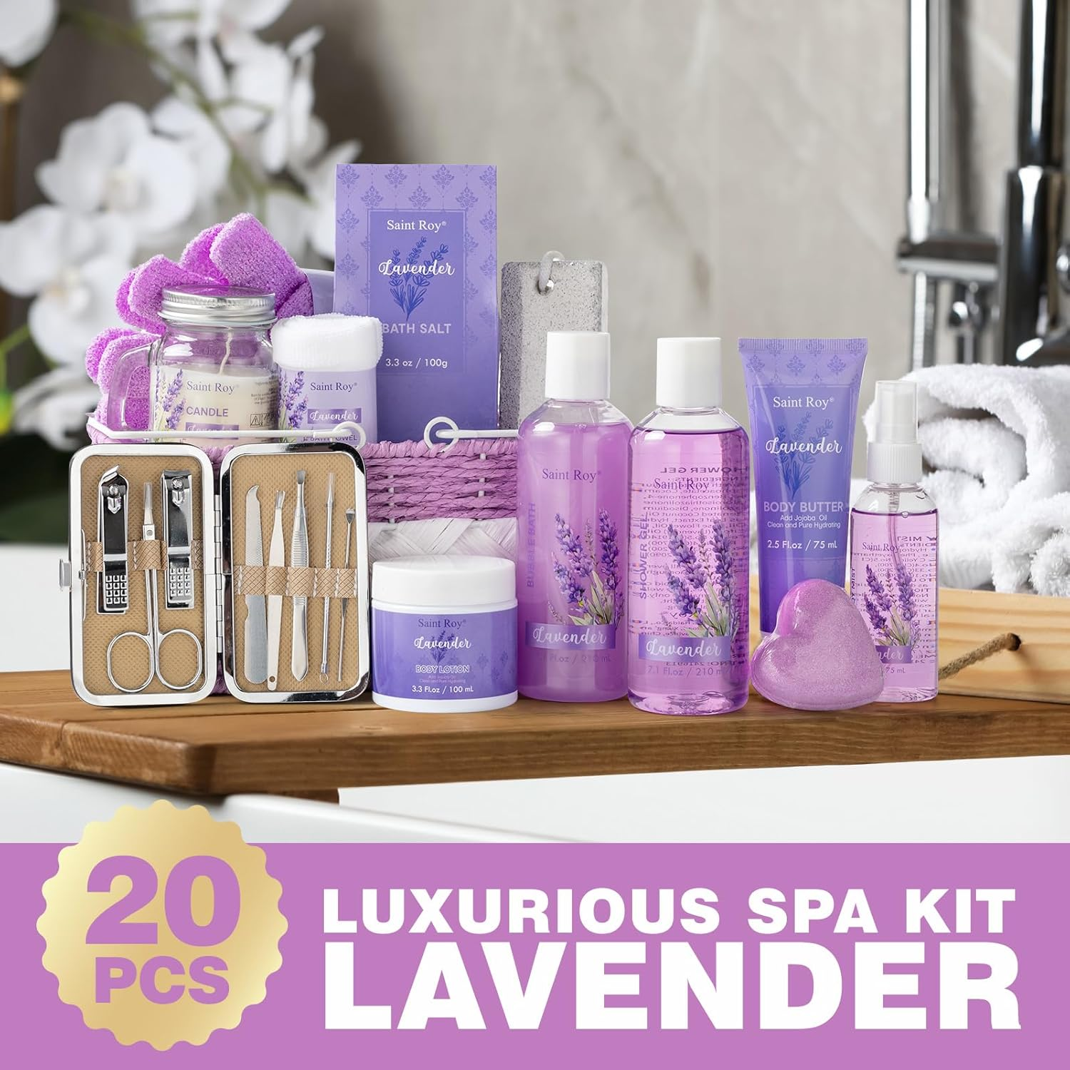 Bath Gift Basket for Women & Men, Luxury Self Care Home Spa Kit Lavender Bath Gift Basket 20Pcs Includes Nail Clippers Set, Pumice Stone, Bath Bomb, Candle, Bath Gloves & More Christmas Spa Gifts Mom image number 1