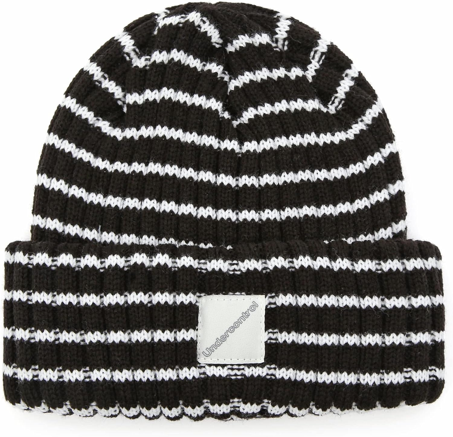 UNDERCONTROL Square Logo Label Unisex Fall Winter Thick Long Stripe Cuffed Rollup Warm Beanie Korea Knit Skull Ski Hat image number 2