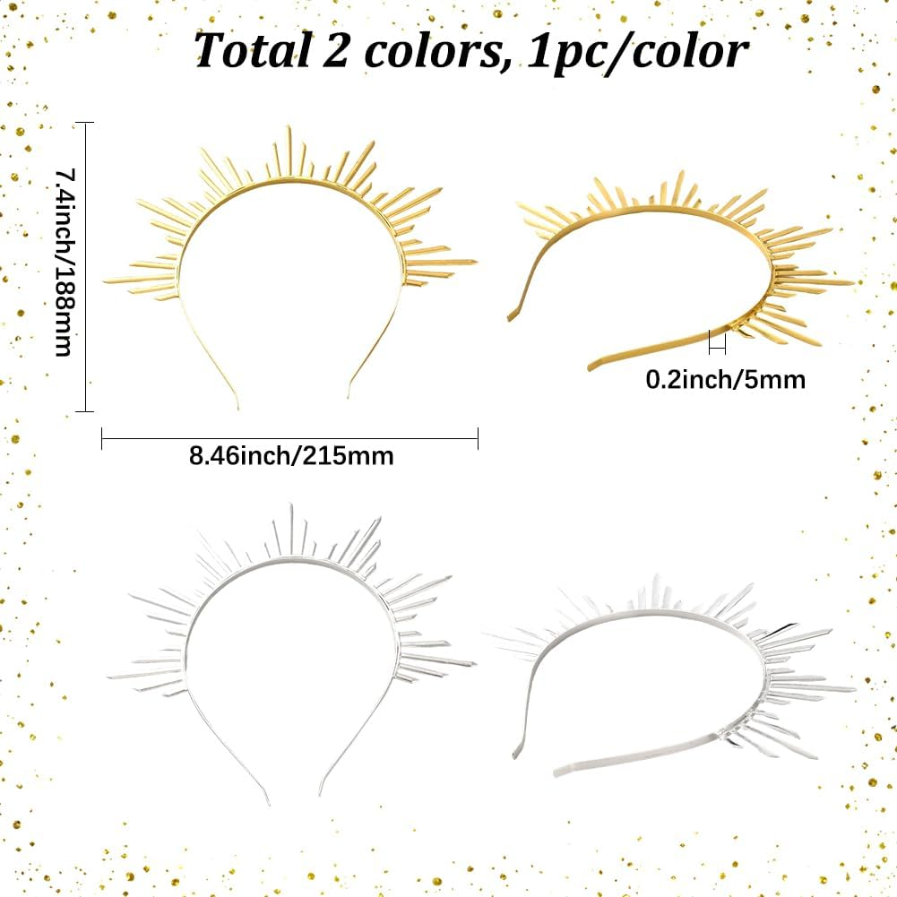 CABODYALS 2Pcs Gold Silver Sun Goddess Halo Crown Renfaire Sunburst Zip Tie Spikes Angel Celestial Headband Renaissance Cosplay Costume Headpiece Hair Bands for Women Wedding Halloween Dance Accessory image number 4