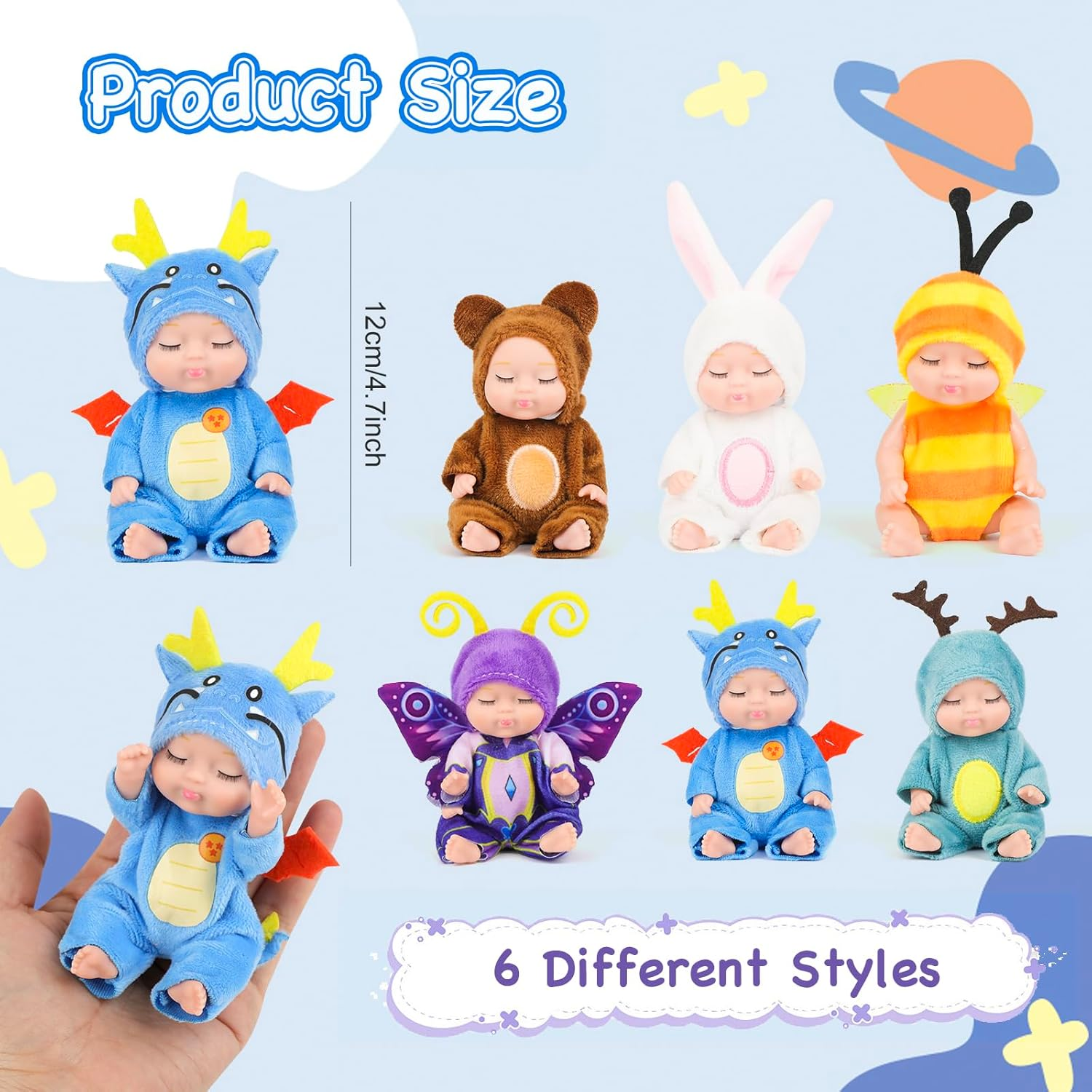 6PCS 4.7Inch Mini Reborn Baby Dolls with Cute Animal Clothes for Kids 3+ Tiny Silicone Sleeping Baby Doll Toy Action Figures Set for Girls Boys Birthday Christmas image number 1