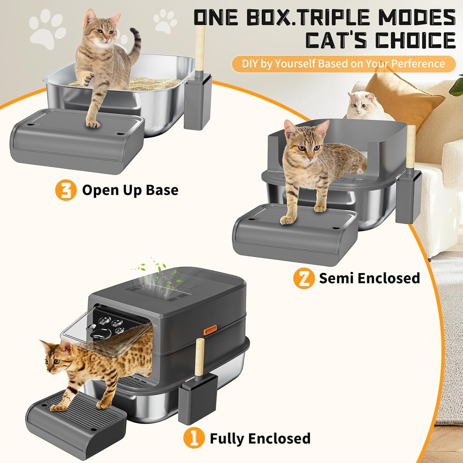 IHAYNER Stainless Steel Extra-Large Cat Litter Tray with Lid, 60 X 40 X 39 Cm, 47 L, Dark Gray, Covered Litter Box for Cat Owners