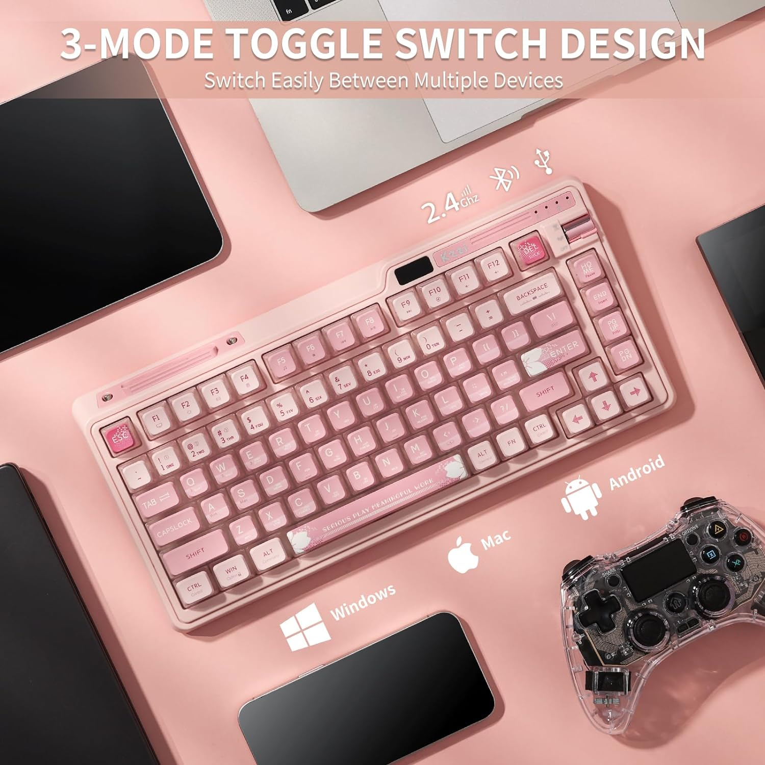 KZZI K75 PRO RGB 75% Wireless Gasket Mechanical Keyboard, Triple Mode BT 5.0/2.4G/USB-C 82 Keys Hot Swappable Gaming Keyboard W/Knob & Power Display, Custom Linear Switches, Sakura Pink image number 3