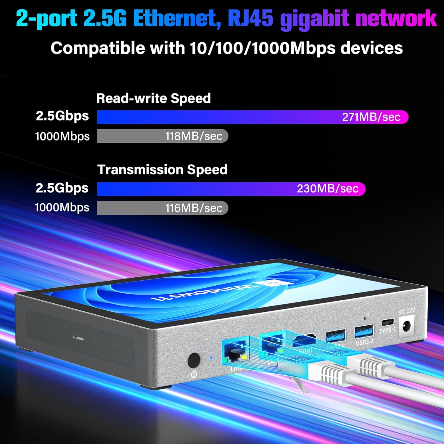 HEIGAOLAPC Mini PC 12Th Gen N100 Win 11 Pro 7" Screen 16GB RAM 512GB ROM Mini PC with Screen USB-C Mini Computer Wifi 5 BT 5.0 4K Display HDMI Dual 2.5Gbe Desktop Computer (16+512 with Screen) image number 3