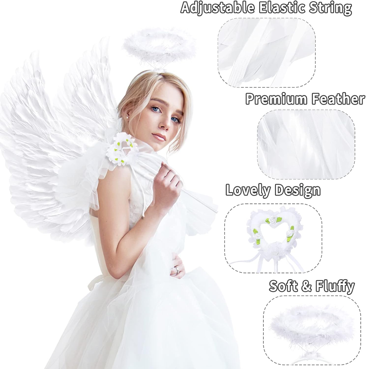 Angel Costume Women, Angel Wings Cupid Costume Women with Halo Angel for Angel Costume Women Children Men Adults on Halloween Carnival Birthday Themed Party - White Large image number 6