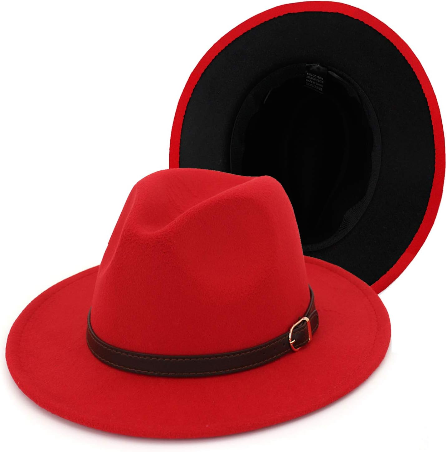 Gossifan Womens & Mens Two Tone Wide Brim Fedora Hats with Classic Belt Patchwork Felt Hats