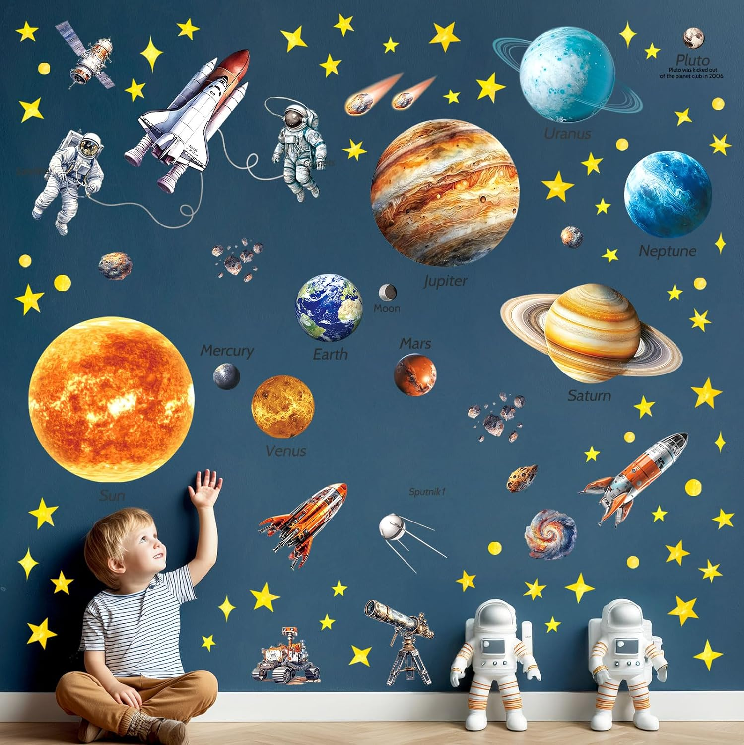 DECOWALL DS12-8077 Solar System Wall Stickers Peel and Stick Removable Nursery Kids Room D&eacute;cor Stars Bedroom Boys Girls Planet Space Playroom Earth Moon Galaxy image number 1