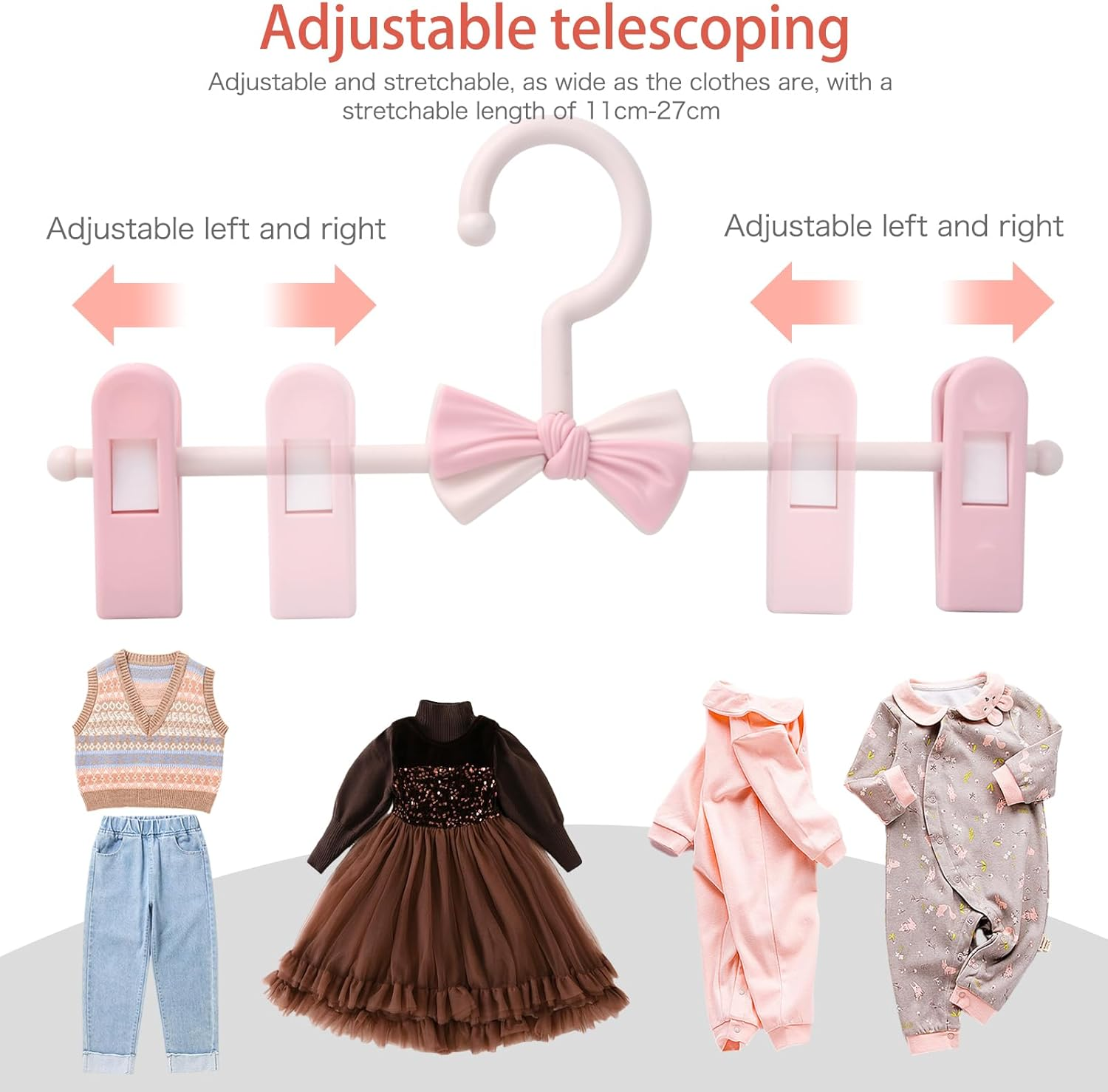 10 PCS Hangers with Finger Clips, Baby Hangers with Adjustable Clips, Trousers Hangers with Clips, Coat Hangers, Kids Hangers with Clips, Non-Slip Clothes Hanger for Babies and Kids (Pink) image number 3