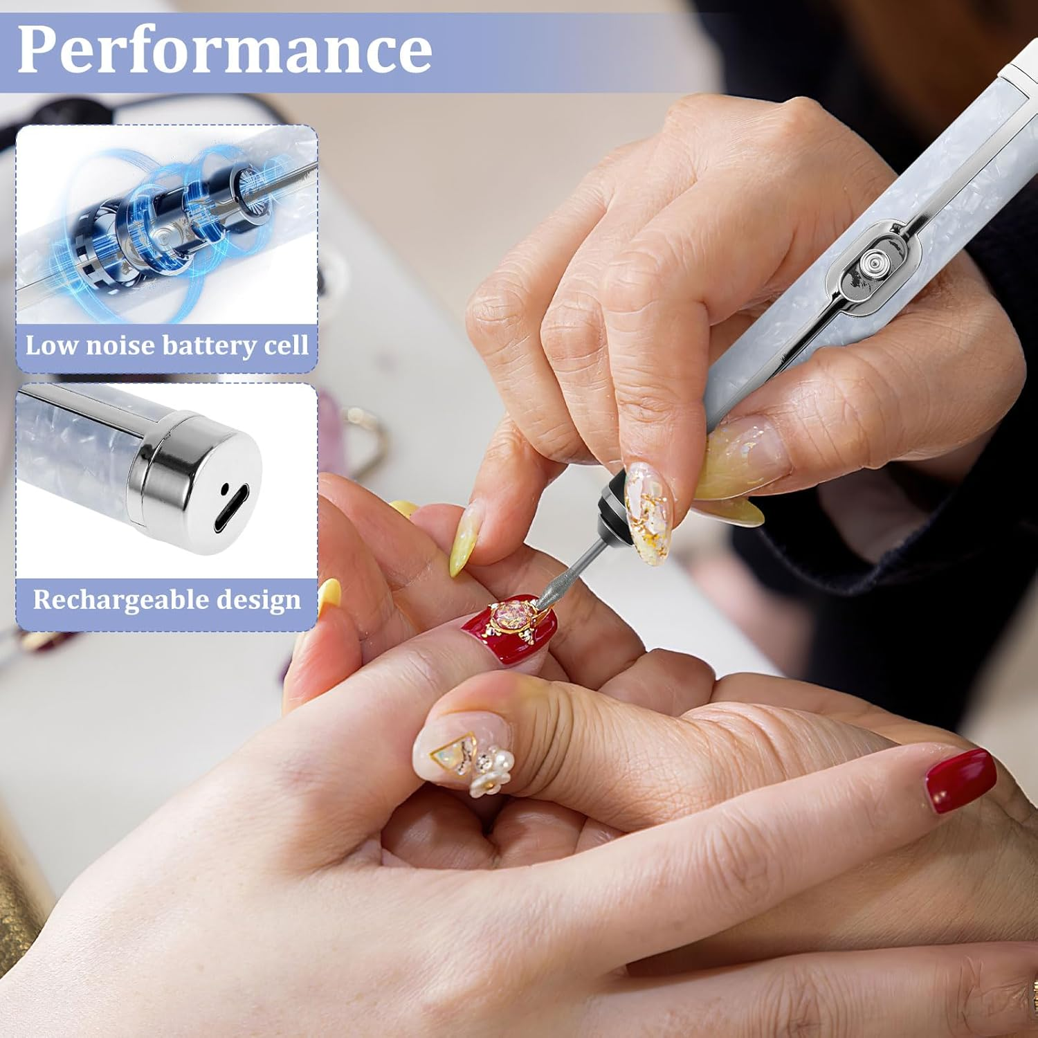 Aluminium Alloy Electric Nail File for Thick Toe Nails Rechargeable 4 Gears Low Noise Grinder for Manicure Pedicure with Bits Sanding Bands Suitable for Home Salon image number 3