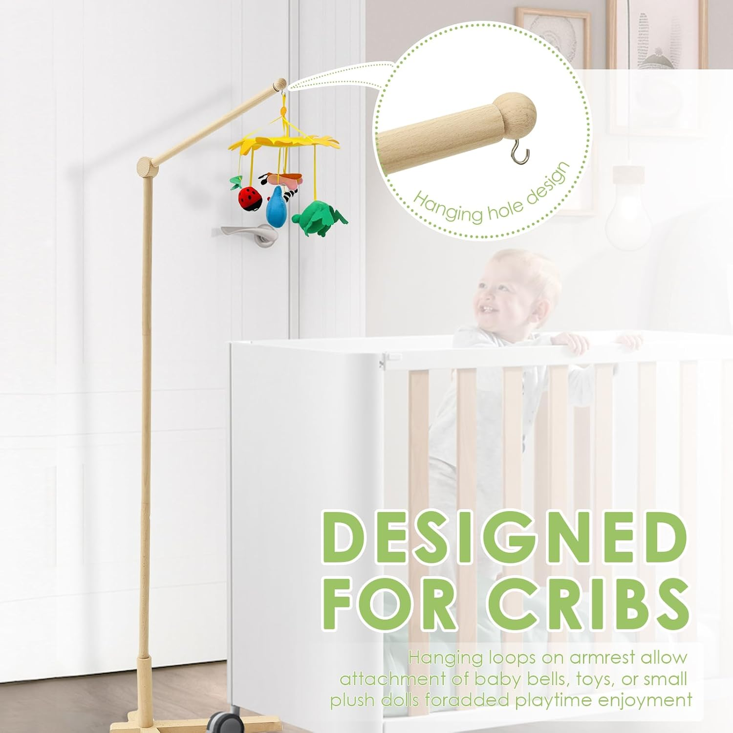 Wooden Floor Standing Baby Mobile Holder, 153.5Cm Adjustable Arm for Crib, Mobile Hanger Stand for Nursery, No Drill Needed, Safe Baby Bed Toy & Decor for Newborns image number 1