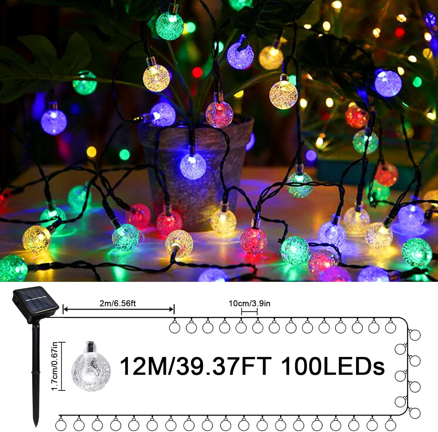 LED Fairy Lights Indoor Outdoor 100 Leds Ball Fairy Lights 12 M 8 Modes Waterproof Fairy Lights Solar Bubble Ball Lights for Christmas, Wedding, Party, Garden, Bedroom image number 2