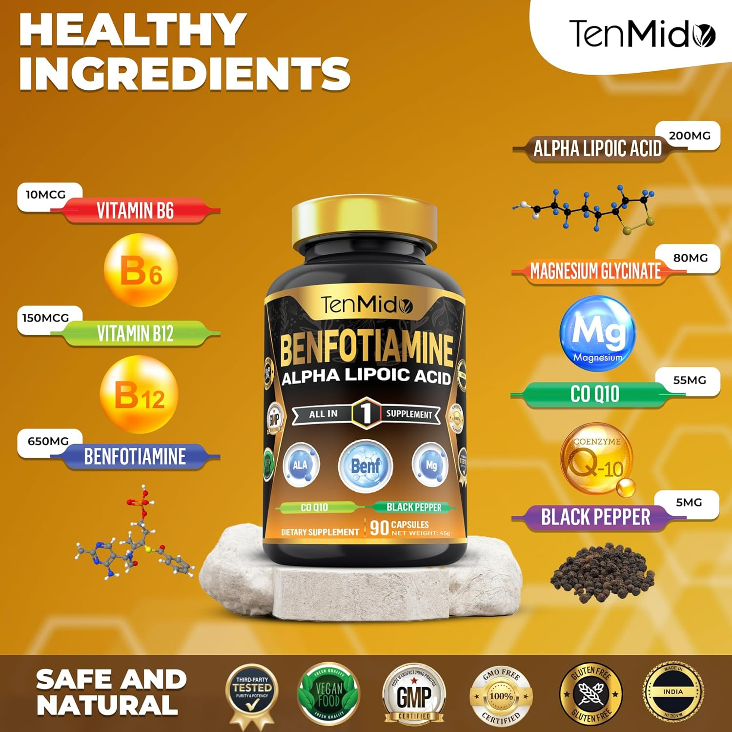 Benfotiamine with Alpha Lipoic Acid (ALA), Coq10, Magnesium Glycinate & B-Complex Supplements - High Absorption - 90 Vegan & Non-Gmo Capsules image number 4