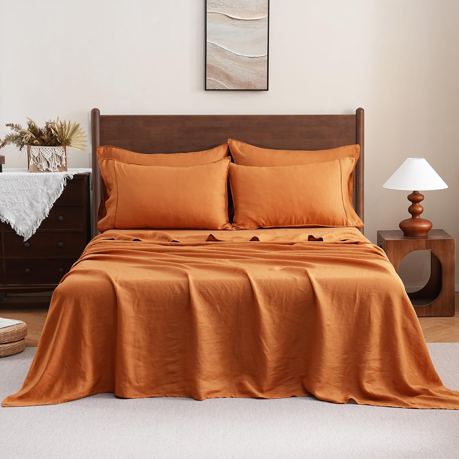 S VICTORY SYMBOL Pure Washed Linen Sheets Set Queen Size,European Flax Linen Bed Sheets(1 Flat Sheet,1 Fitted Sheet,2 Pillowcases) Breathable Soft Durable Boho Farmhouse Bedding-Pumpkin image number 6