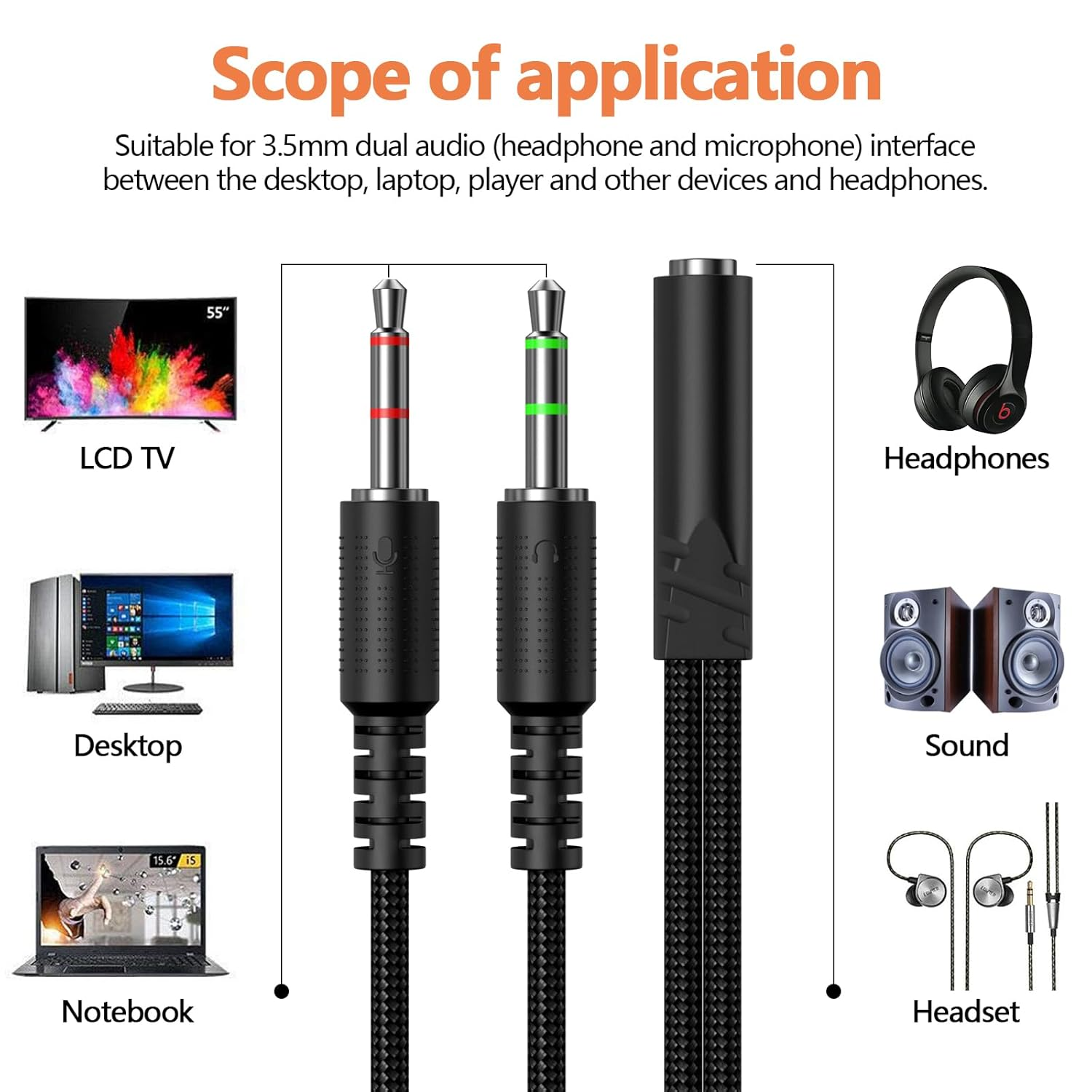 KOOPAO Headphone 3.5Mm Splitter Mic Cable for Computer, Headset 3.5Mm Female to 2 Dual Male Microphone Audio Stereo Jack Earphones Port to Gaming Speaker PC Adapter Black image number 1