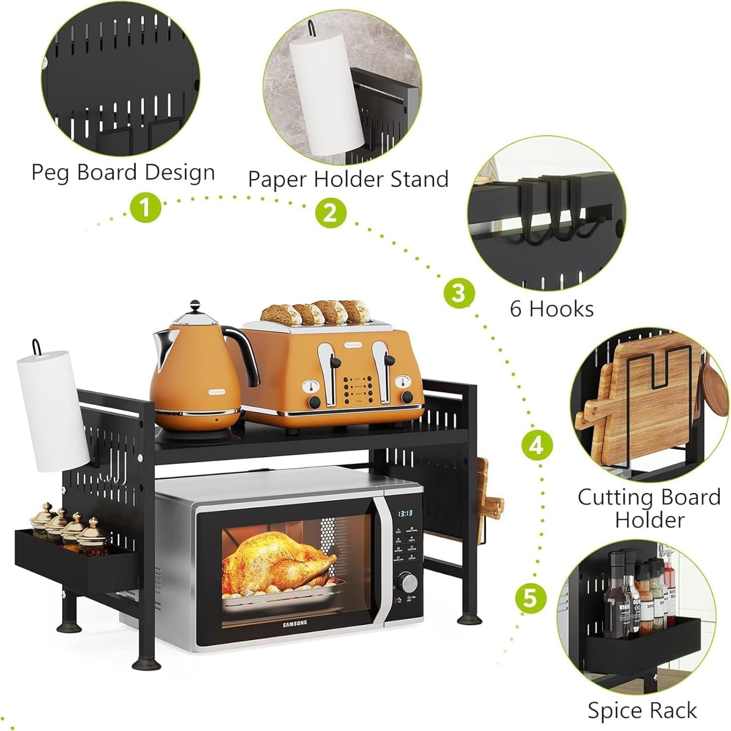 Extendable Microwave Stand, 2-Tier Microwave Shelf with Cutting Boards Stand for Kitchen Storage & Organisation, Heavy Duty Microwave Oven Rack Countertop with 3 Hooks