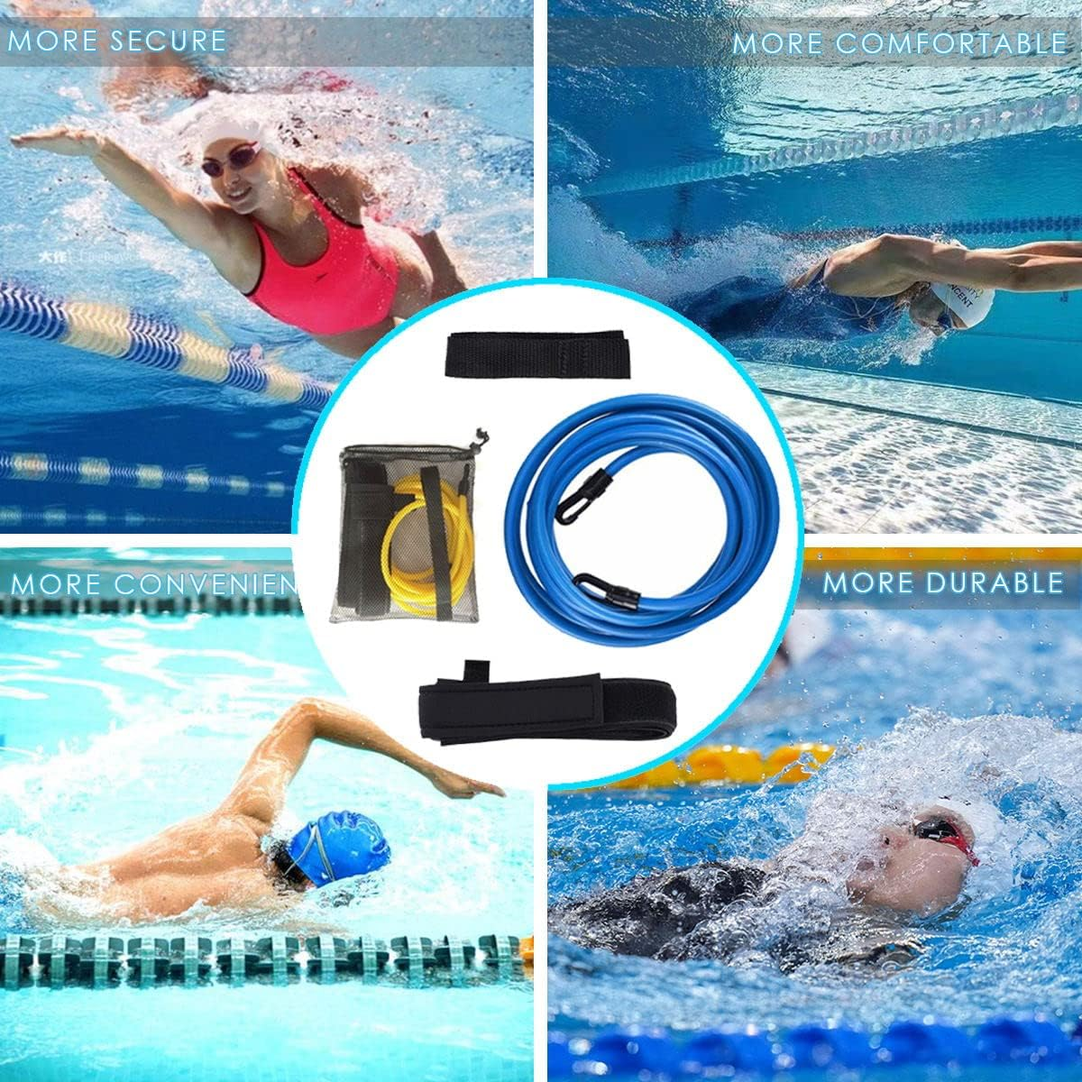 NA Swimming Training Belt Tether Fixed Seat Belt, Static Elastic Rope Resistance Band, Yellow, 3M image number 5