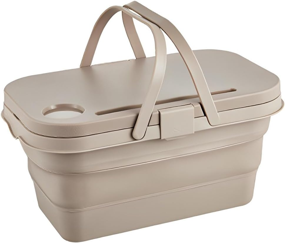 TOMVAES 16L Collapsible Picnic Basket with Handles & Lid - Picnic Basket with Table Foldable, Lightweight, Water-Proof & Leak-Proof for Picnics, Camping, Travelling and Road Trips (White)