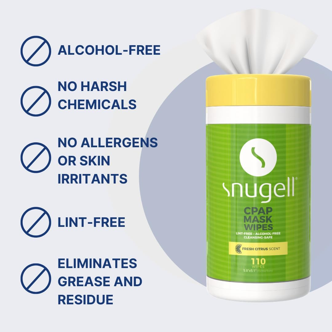 Snugell CPAP Mask Wipes by | 110 Count | Fresh Citrus Scent | 100% Soft Cotton | Lint & Alcohol Free | Skin Safe with Citrus Scent | Easy Opening Canister | Clean CPAP Mask, Tube & Devices (1)