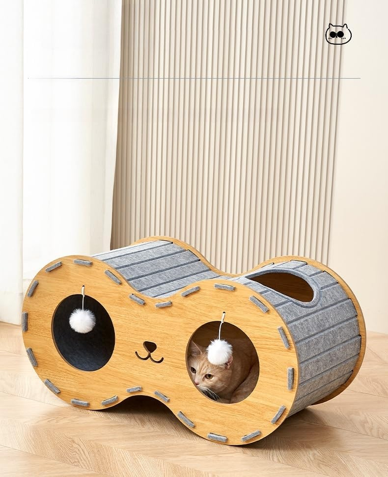 Cat Beds for Indoor Pets, 31.5" (80Cm) Extra-Large Cat Cave for Multi-Pet, Cozy House with Fluffy Ball Hanging, Scratch Resistant Felt Kitten Hideaway Bed, Feline Tunnel, Heavy Duty Wood,Grey Felt image number 1