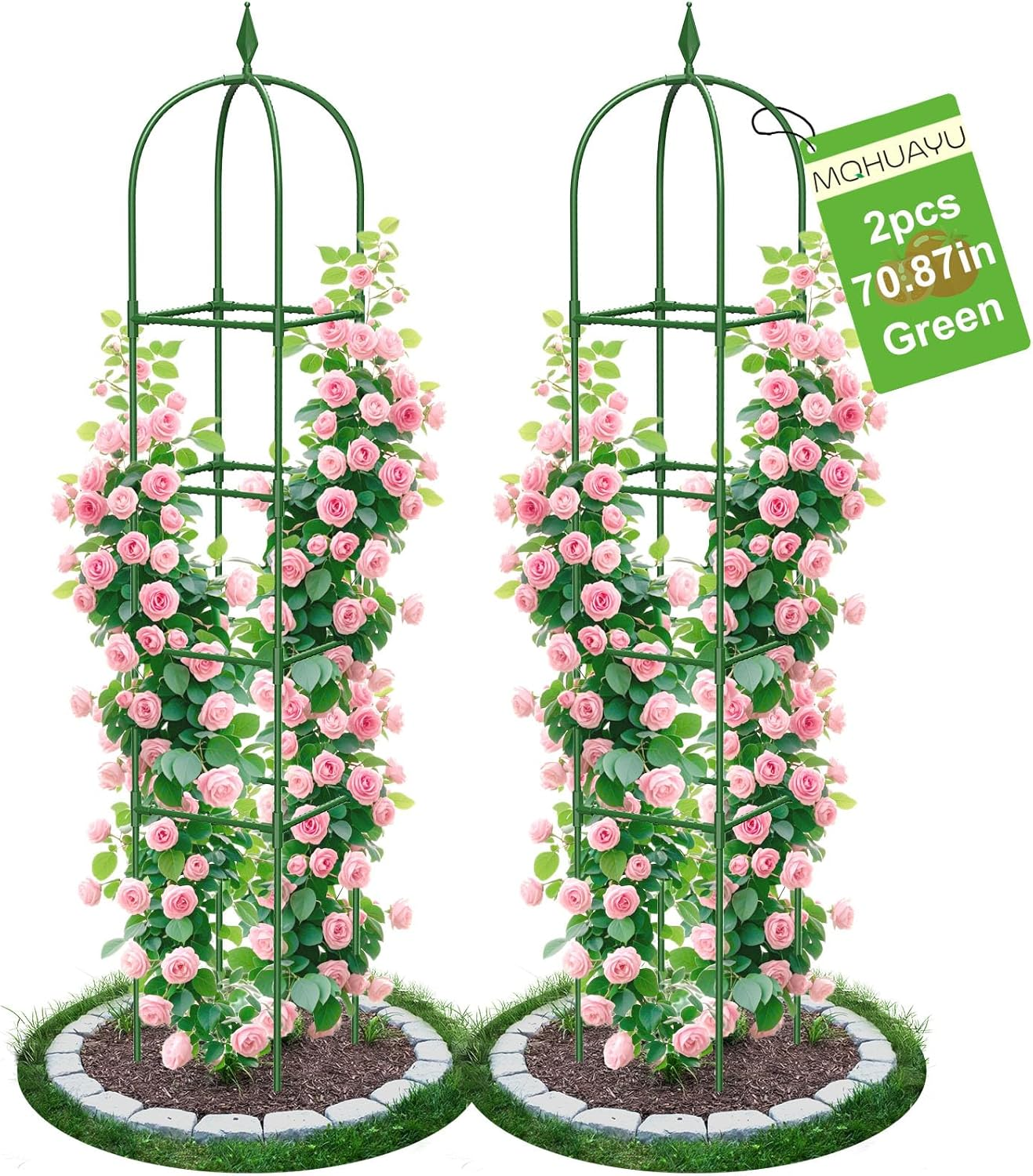 2 Pack Garden Obelisk Trellis for Climbing Plants, 70.87" Metal Rustproof Plant Support Rose Trellis, Tower Potted Cages for Flowers Fruits Vegetable Vines Indoor & Outdoor, Green(4 Tiers) image number 5