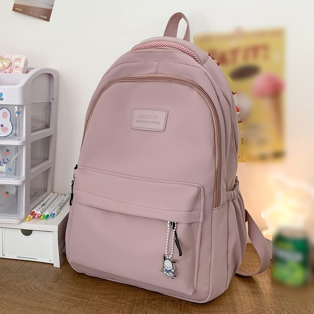 ALINUOYQ Student Schoolbag Large Capacity Ladies Bookbag with Cute Pendant Simple Adjustable Strap Fashion for Teenage Girls
