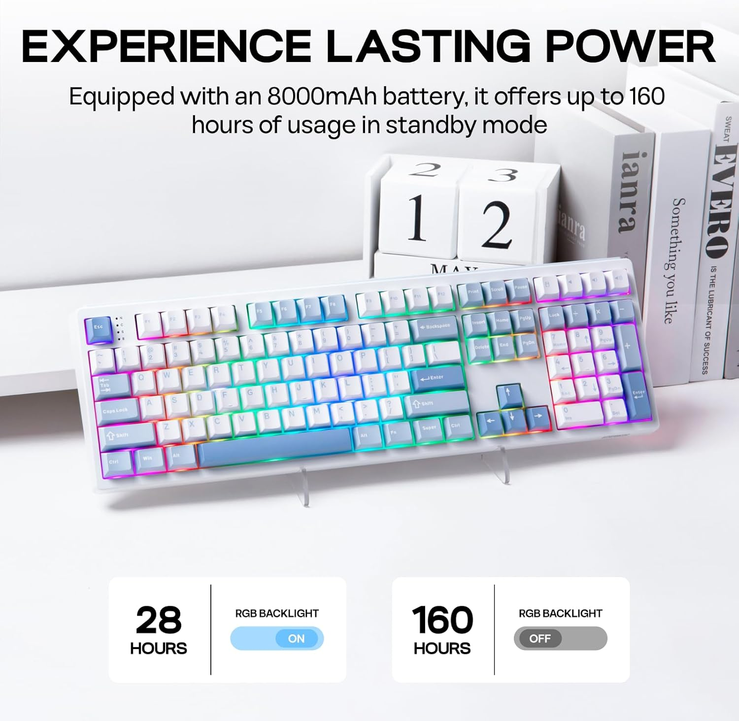 EPOMAKER TH108 Full Size Mechanical Keyboard, Wireless Gaming Keyboard with 8000Mah Battery, Creamy Gasket, 108 Keys, Hot Swap, Custom Driver, RGB Backlight (Blue&White, Sea Salt Silent) image number 5