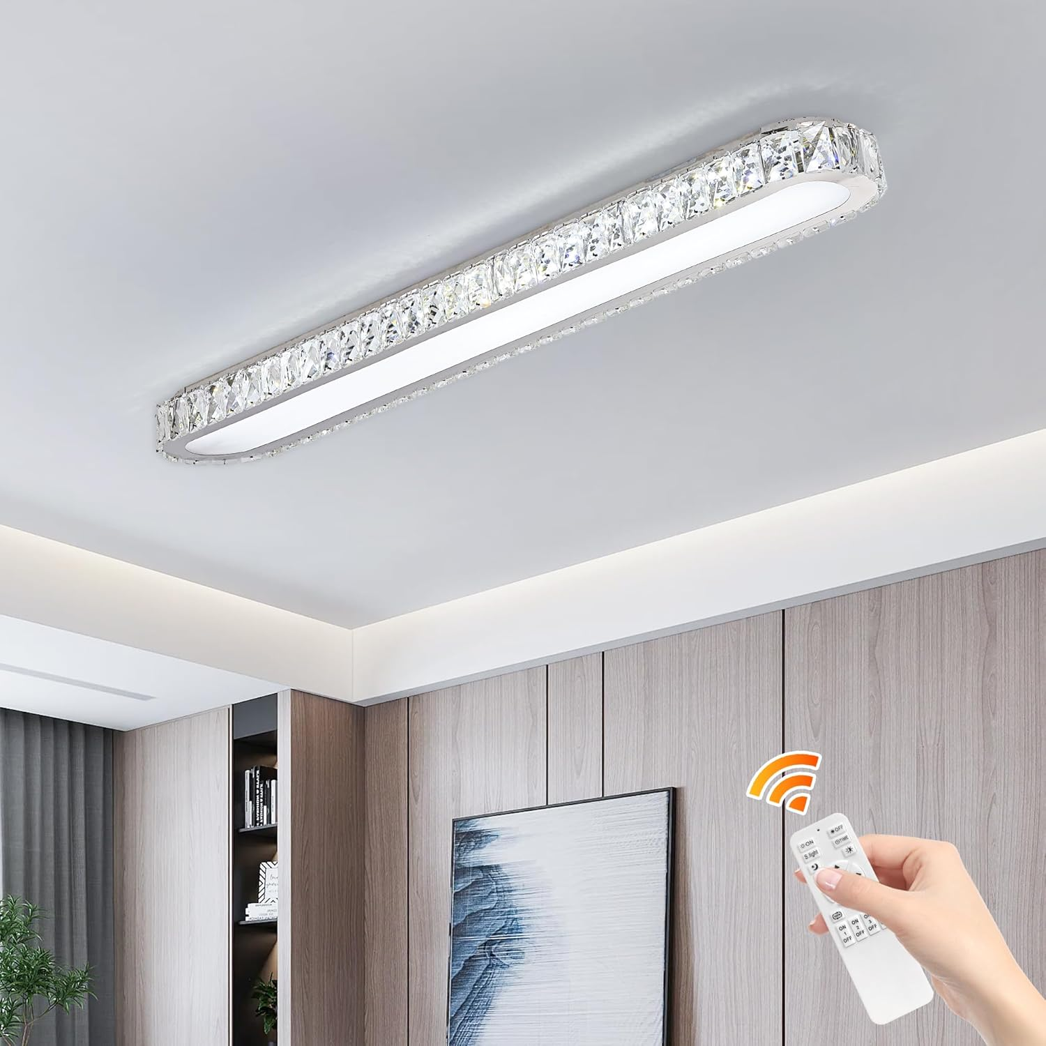 Jiinoo LED Modern Ceiling Light, Acrylic Linear Ceiling Lamp, Flush Mount Dimmable Chandelier Fixture, Kitchen Island Dining Living Room Cloakroom Hallway Lighting (40W/27.5In L)