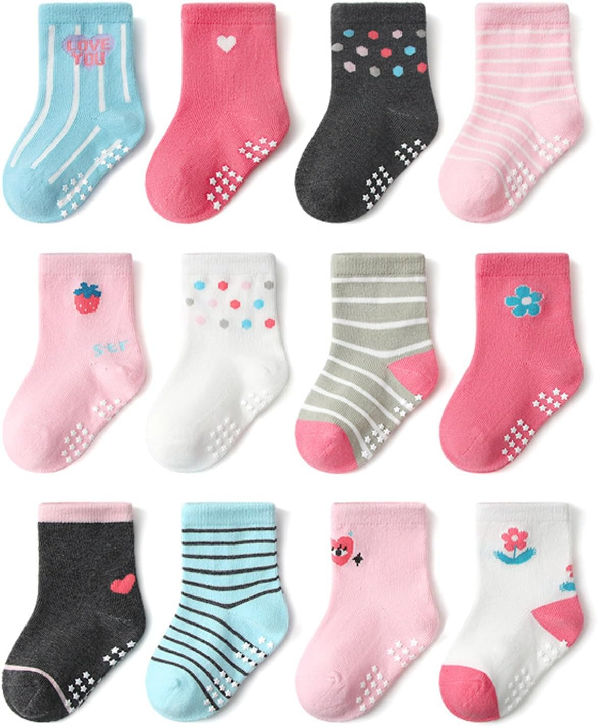 12 Pack Baby Non Slip Socks, Toddlers Kids Soft Cotton Crew Socks with Grippers Non-Skid Ankle Socks for Boys Girls Infant