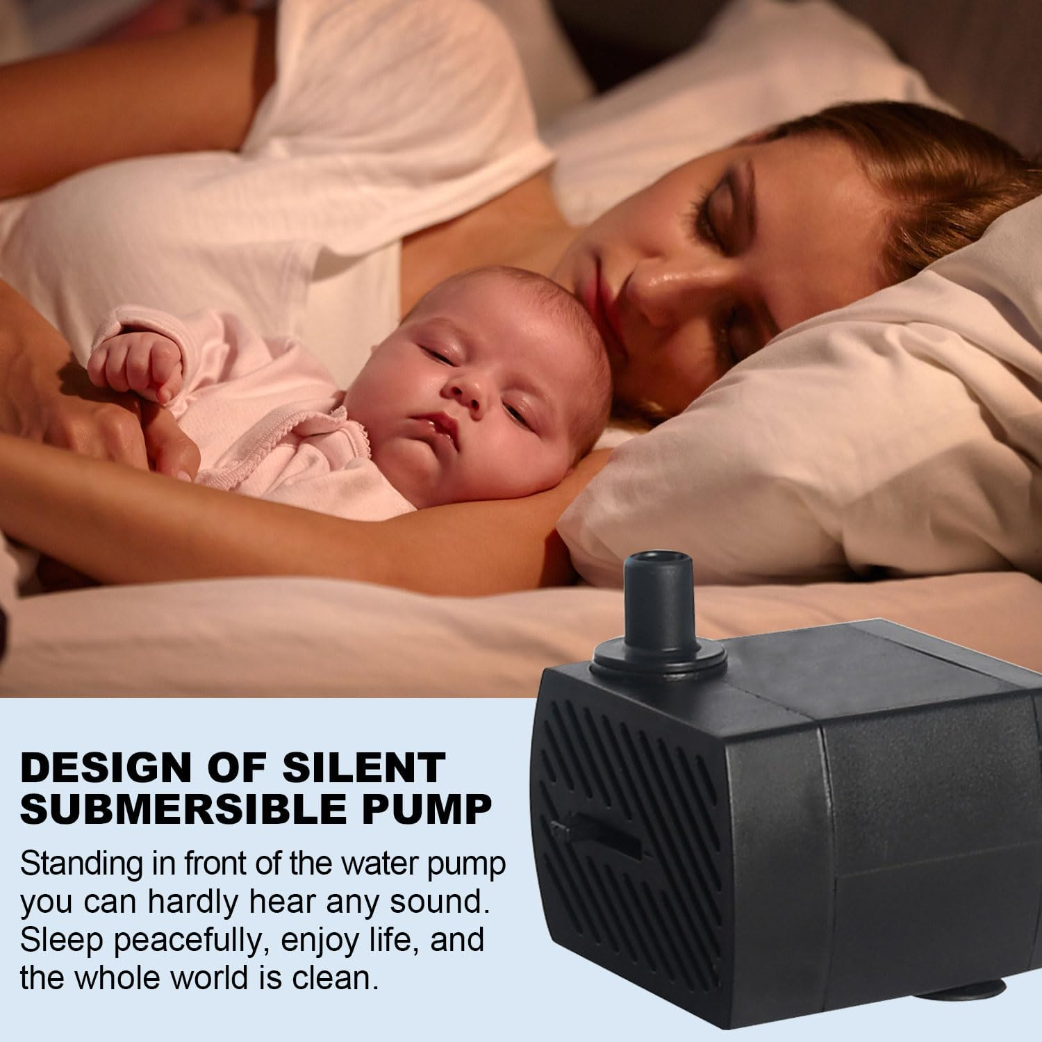 Mini Submersible Pump, 350L/H Aquarium Submersible Water Pump, 5W Ultra Quiet Adjustable Pump for Gardening, Wigwams, Fish Tanks, Gardens, Fountains, with Two Diameter Nozzles image number 2