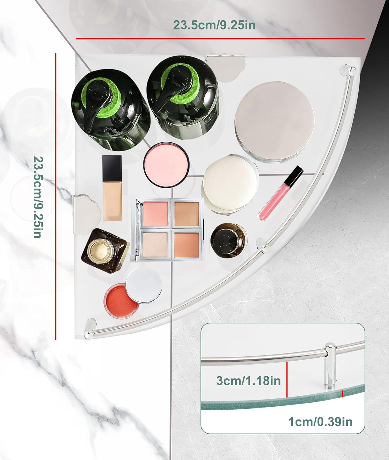 Gugxiom 2-Pack Glass Corner Shower Shelves, Glass Corner Shelf for Bathroom, Wall Mount Bathroom Shelves, SUS 304 Stainless Steel Tempered Glass Shelf with Rail, for Bathrooms and Toilets image number 2