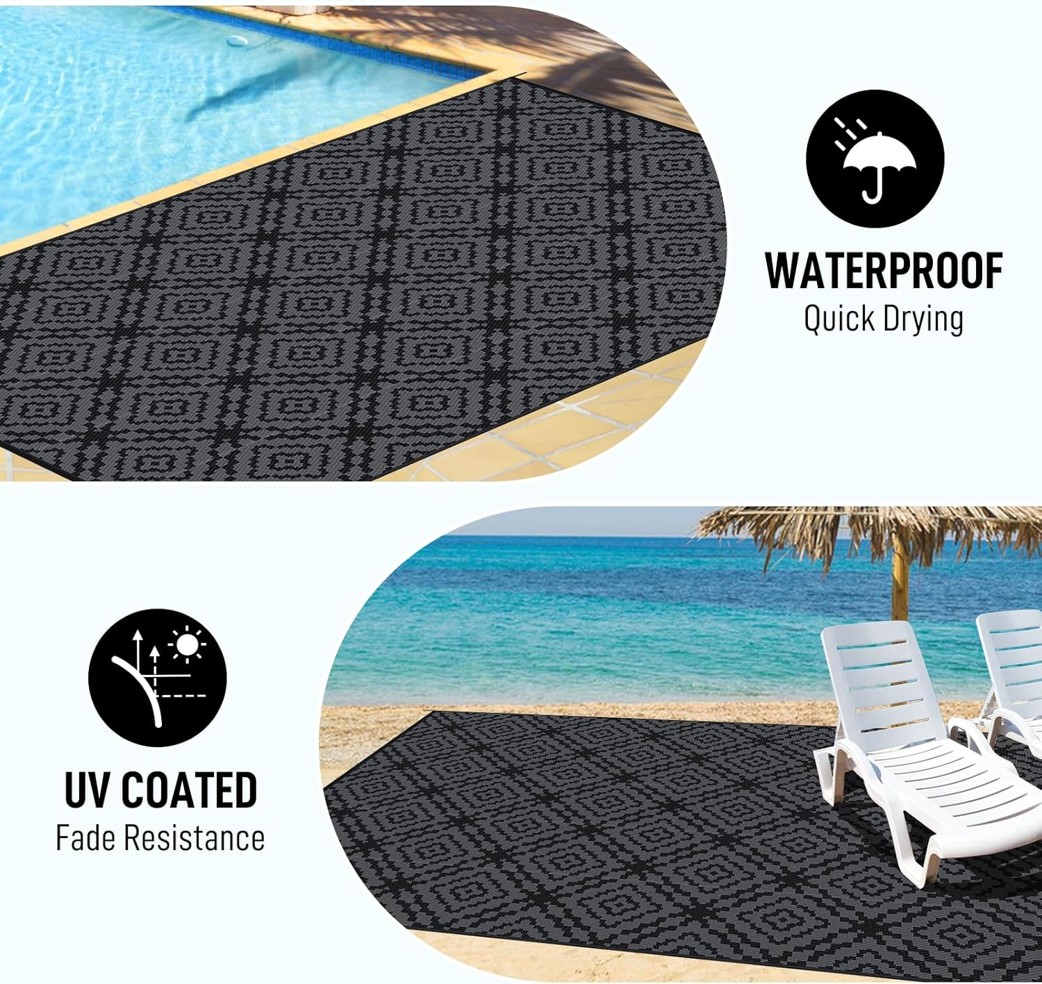 Outdoor Camping Rug Waterproof 9X12Ft, Large Reversible Stain&Uv Resistant Plastic Straw RV Rug for outside Patio Pool Deck Beach Indoor, Area Carpet Mat with Portable Bag&4 Stakes-Black Grey Rhombus image number 5