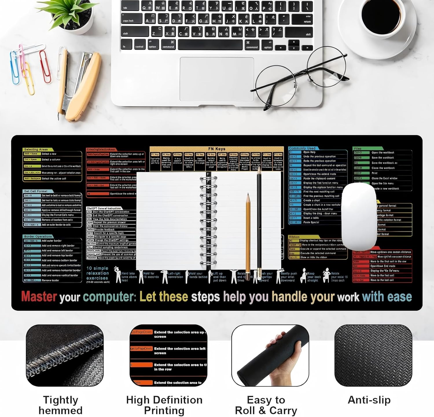 Waterproof Mouse Pad, 80 X 30 CM Excel Shortcut Keys Mouse Pads, Contains 9 Major Excel Function Modules and Common Functions, Large XL Mouse Pad Gaming, PC Office Spreadsheet Keyboard Mat image number 6