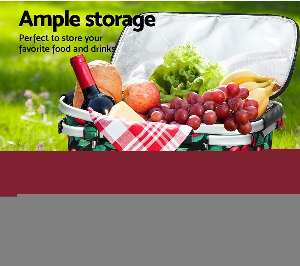 Alfresco Picnic Basket Bag, Insulated Collapsible Outdoor Food Storage Baskets Bags Cooler Hamper Camping Travel Hiking Beach Picnics, with Zippered Side Pocket Lightweight Aluminium Red Green image number 5