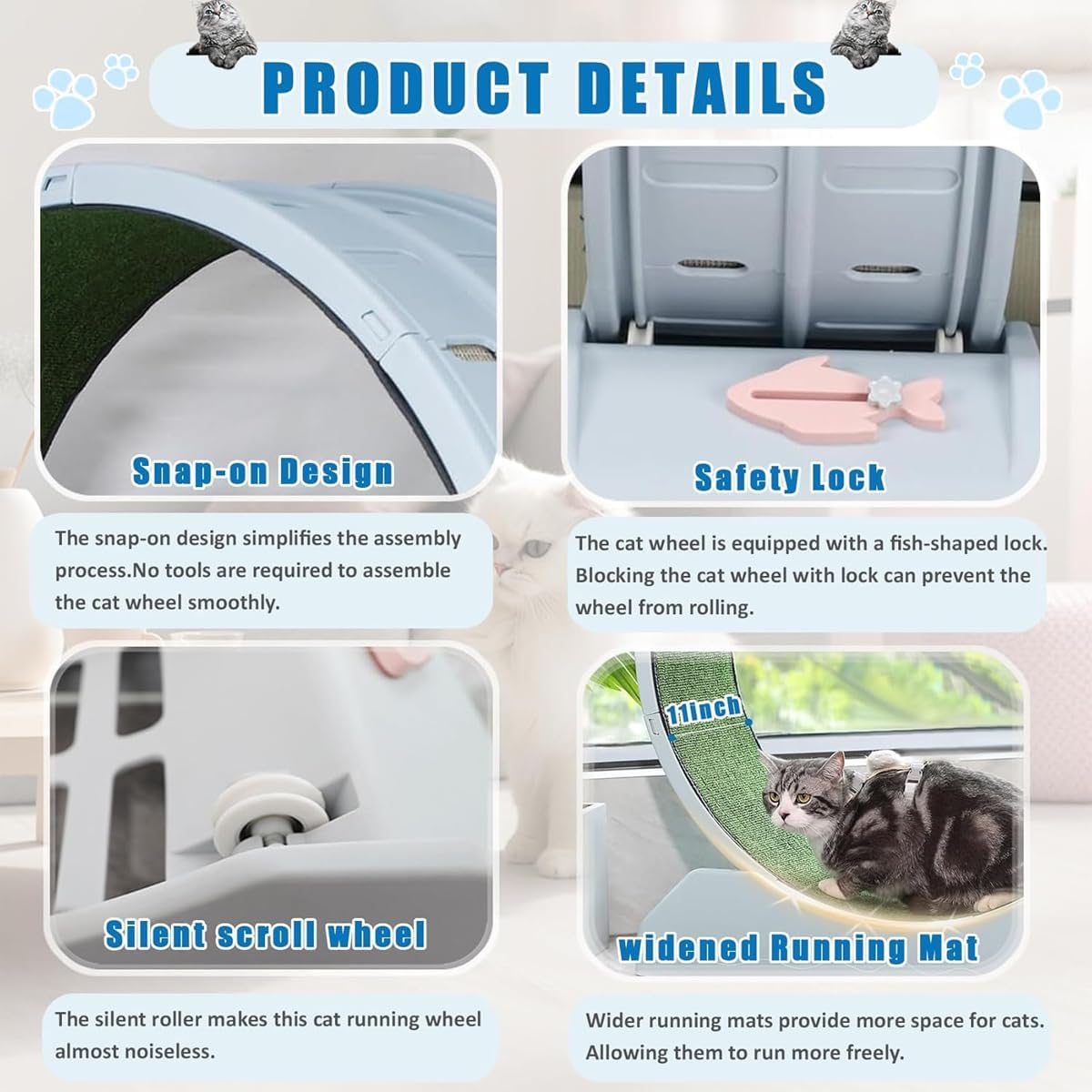 AIMALL Premium Cat Exercise Wheel, Quiet Indoor Running and Climbing Cat Treadmill, Replaceable Track Mat with Narrow Gap, Safety Lock and No-Assembly Snap-On Design, Perfect for Active Cats image number 2