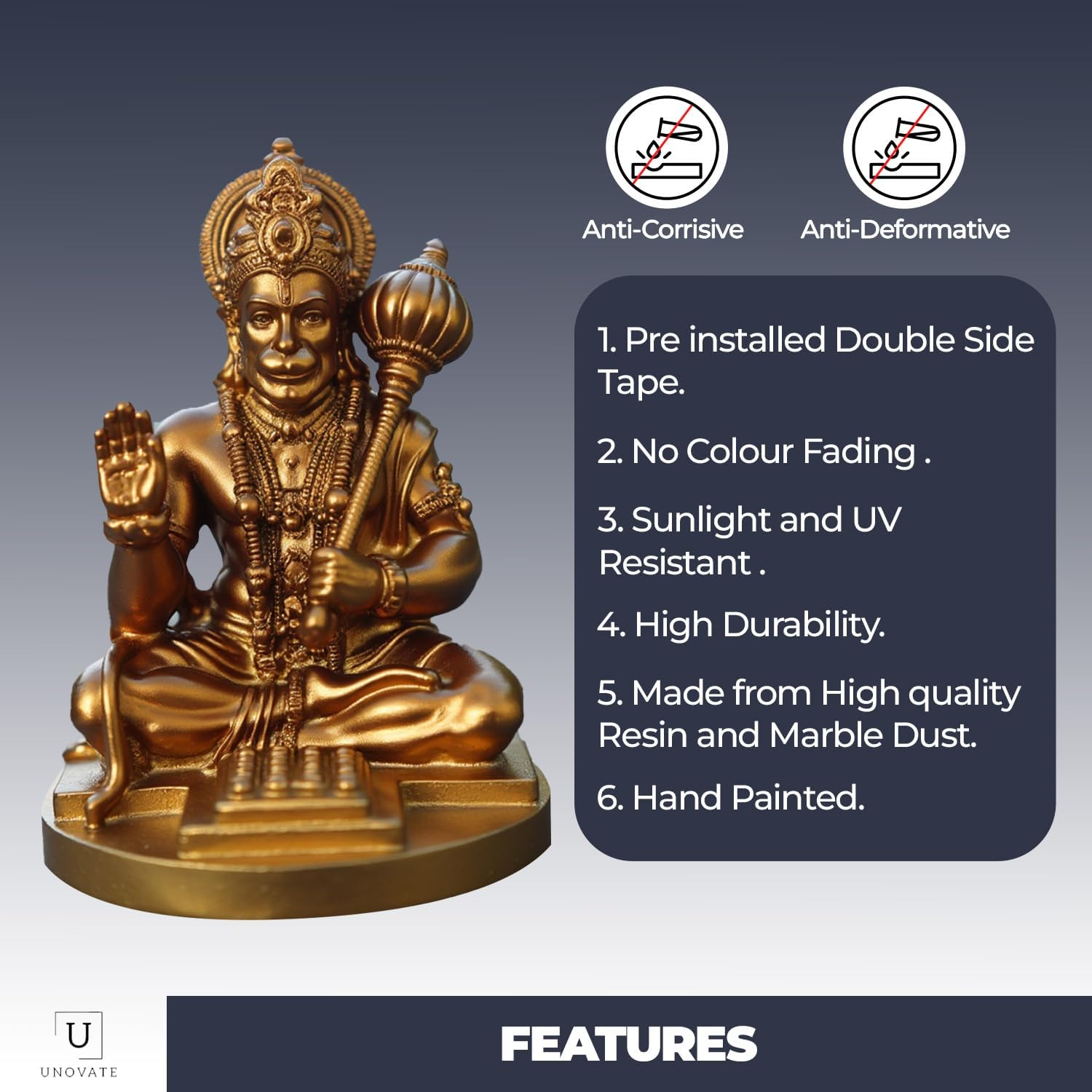 Hanuman Idol for Car Dashboard, Home, Office Desk &ndash; Hanuman Murti for for Pooja, Temple Showpiece, Decoration, Festivals and Gifting. (Golden, 9Cm) image number 6