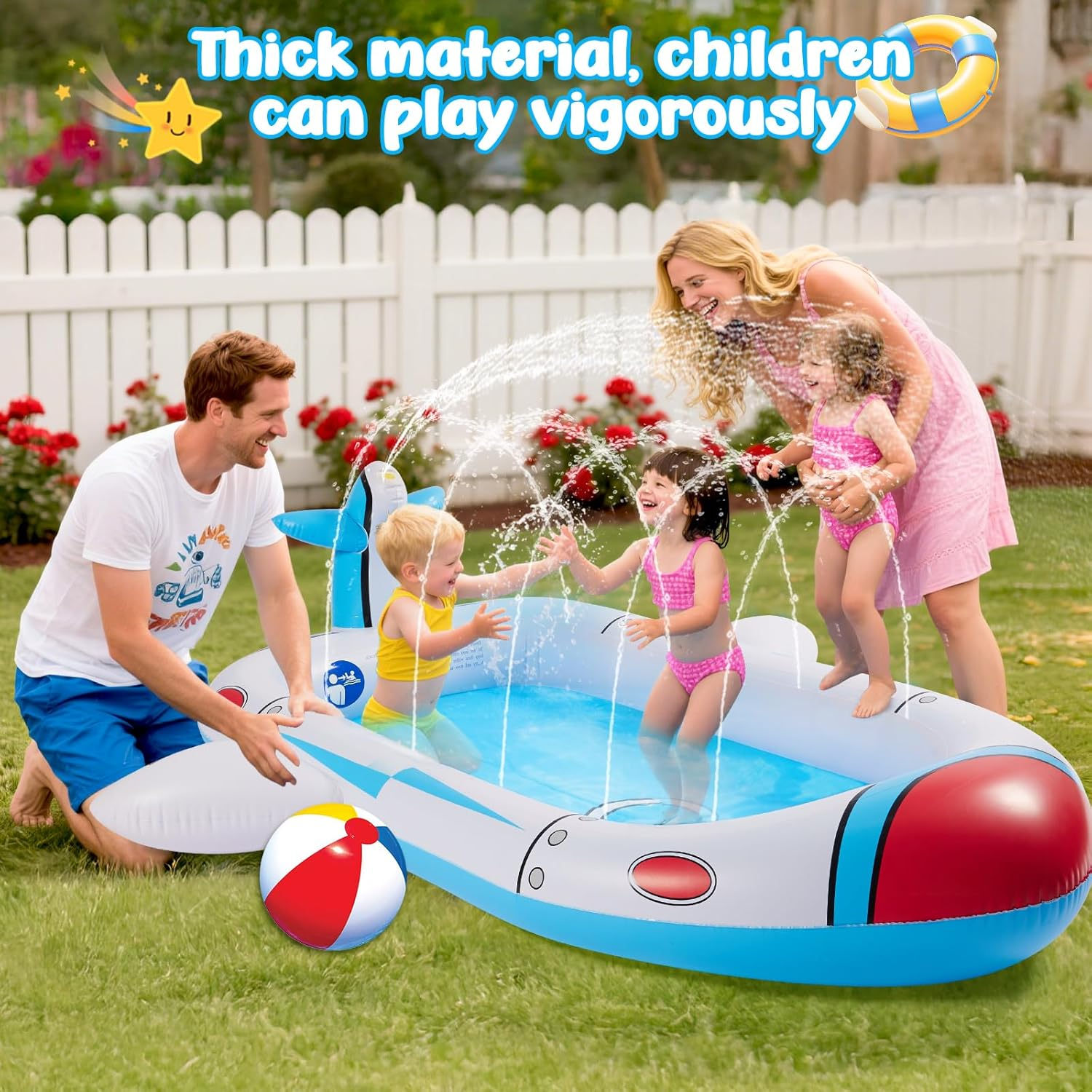 Inflatable Pool Splash Fun for Kids - 176Cm Multi-Spray Kiddie Pool, Outdoor/Indoor Beach Wading Pool for 2-3 Children (Ages 3-10), Garden & Living Room Play image number 6