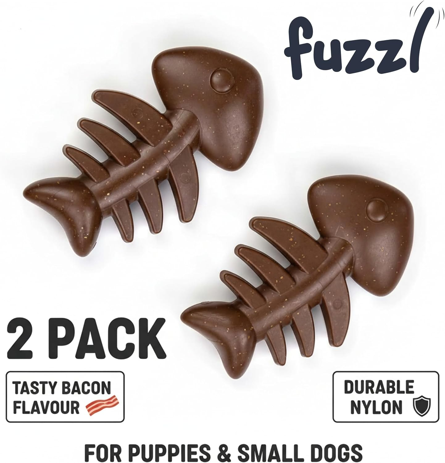 Fuzzl Puppy Chew Toys 2 Pack Bacon Flavour &ndash; Small Dog Teething Toys Fish Bone Shape | Durable Chew Toys for Puppies & Small Breeds | Dental Care, Teething Relief & Interactive Play