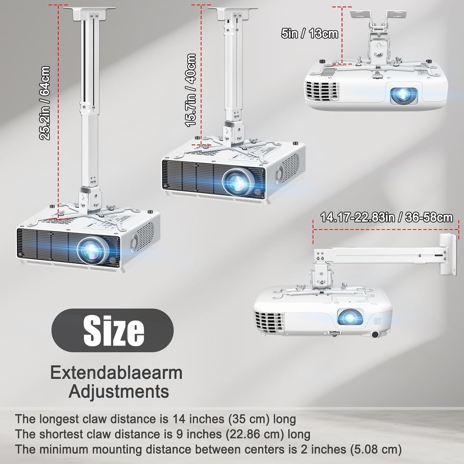 2-Be-Best Projector Ceiling Mount Wide Pipe Universal 3-In-1 Projector Wall Mount Bracket with Adjustable Arm, Flush Mount Option, Built-In Cable Management for Office Home White