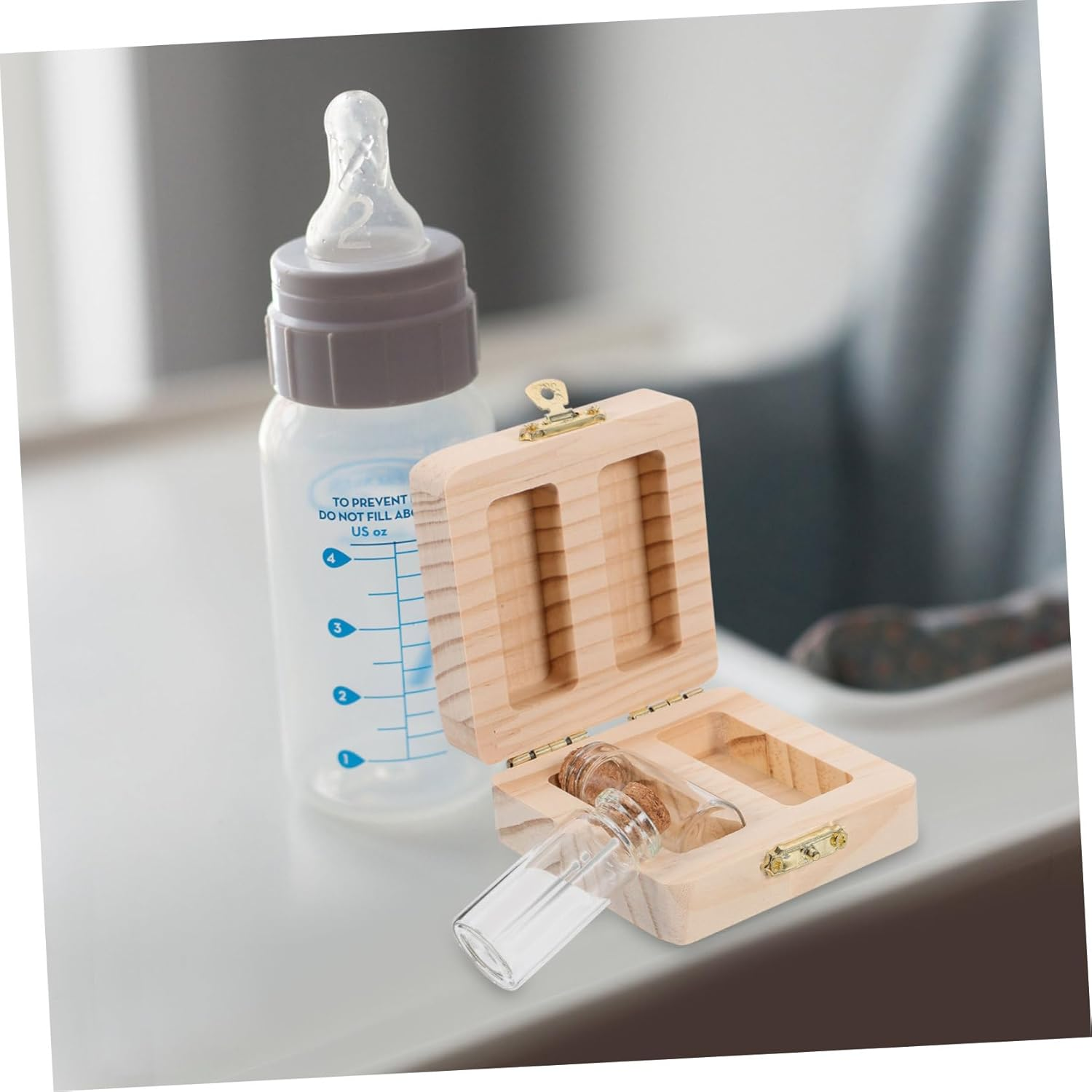 Beaupretty Wooden Fetal Hair and Umbilical Cord Preservation Box for Baby Keepsake 2 Bottle Slots Infant Souvenir Storage Organizer for Newborn Memory Collection image number 6